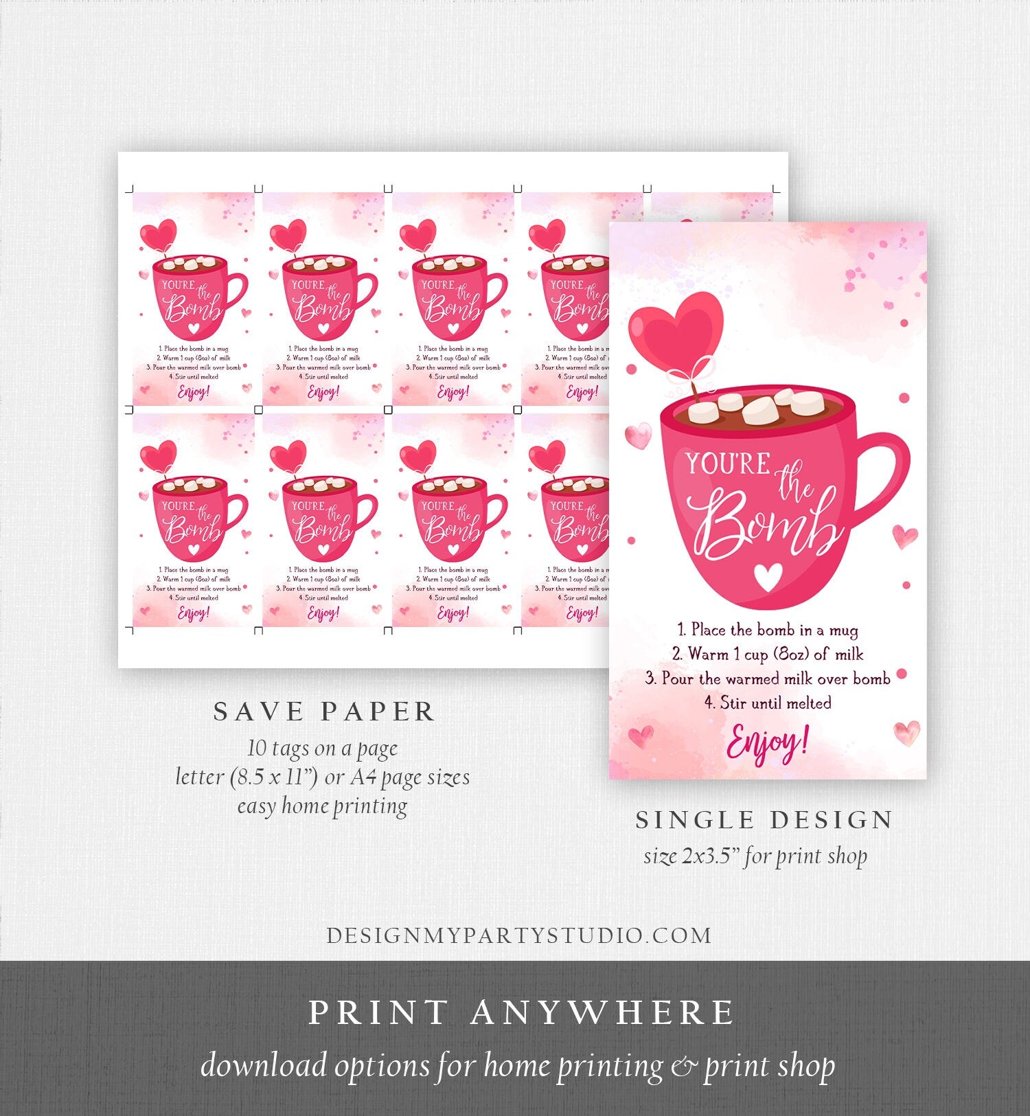 Editable Hot Chocolate Bomb Tag Valentine's Day Hot Cocoa Bomb You're The Bomb Heart Pink Valentine Gift Tag Digital Download Printable 0370