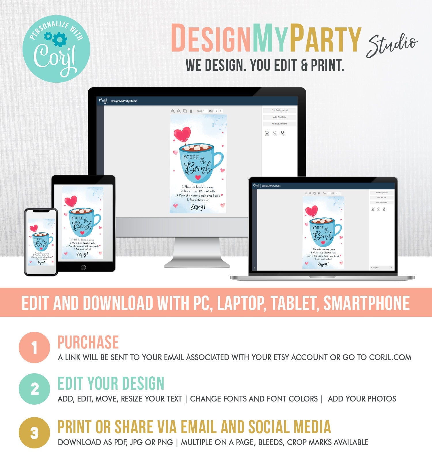 Editable Hot Chocolate Bomb Tag Valentine's Day Hot Cocoa Bomb You're The Bomb Heart Blue Valentine Gift Digital Download Printable 0370