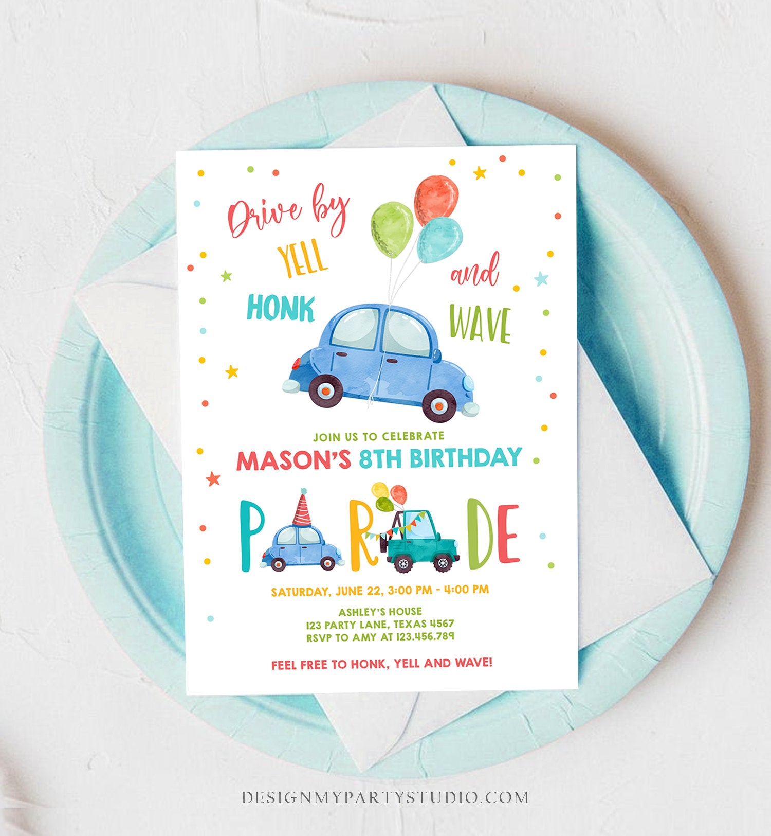 Editable Drive By Birthday Parade Invitation Balloons Rainbow Party Honk Wave Car Boy Blue Drive Through Download Corjl Template 0333