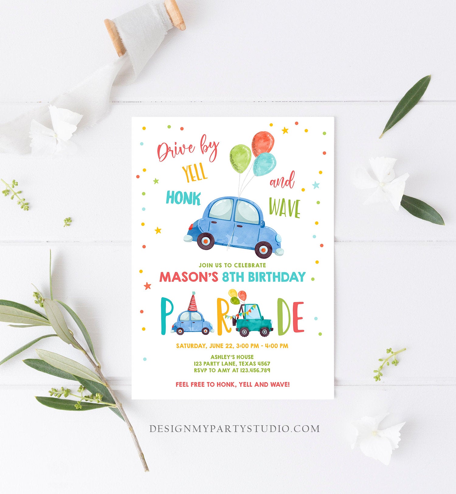 Editable Drive By Birthday Parade Invitation Balloons Rainbow Party Honk Wave Car Boy Blue Drive Through Download Corjl Template 0333