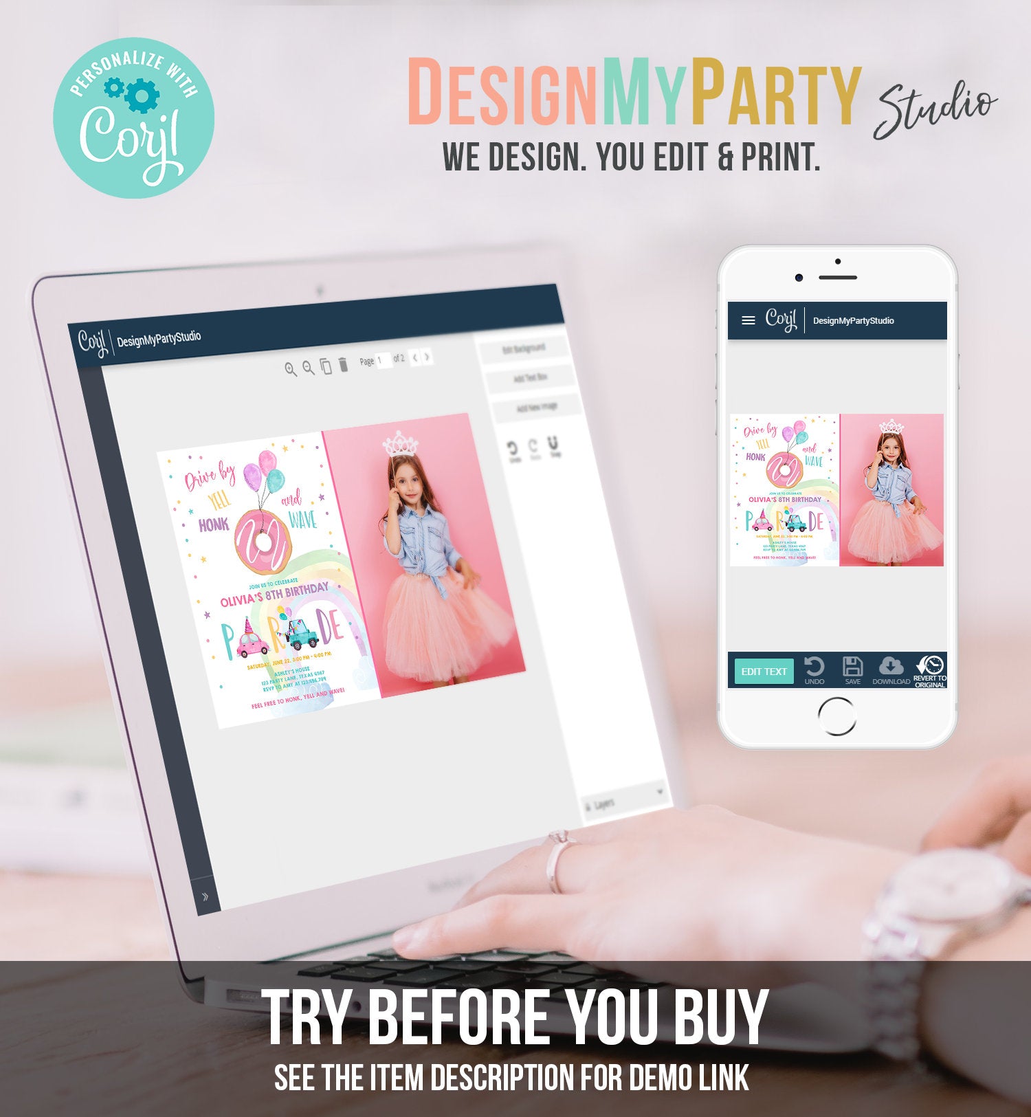 Editable Donut Drive By Birthday Parade Invitation Balloons Rainbow Party Honk Wave Car Girl Pink Drive Through Download Corjl Template 0343