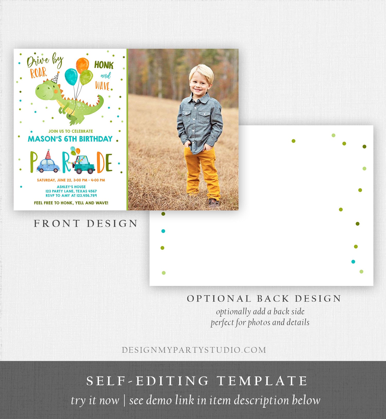 Editable Dinosaur Drive By Birthday Parade Invitation Virtual Party Invite Honk Wave Car Boy Dino Quarantine Download Digital Corjl 0340