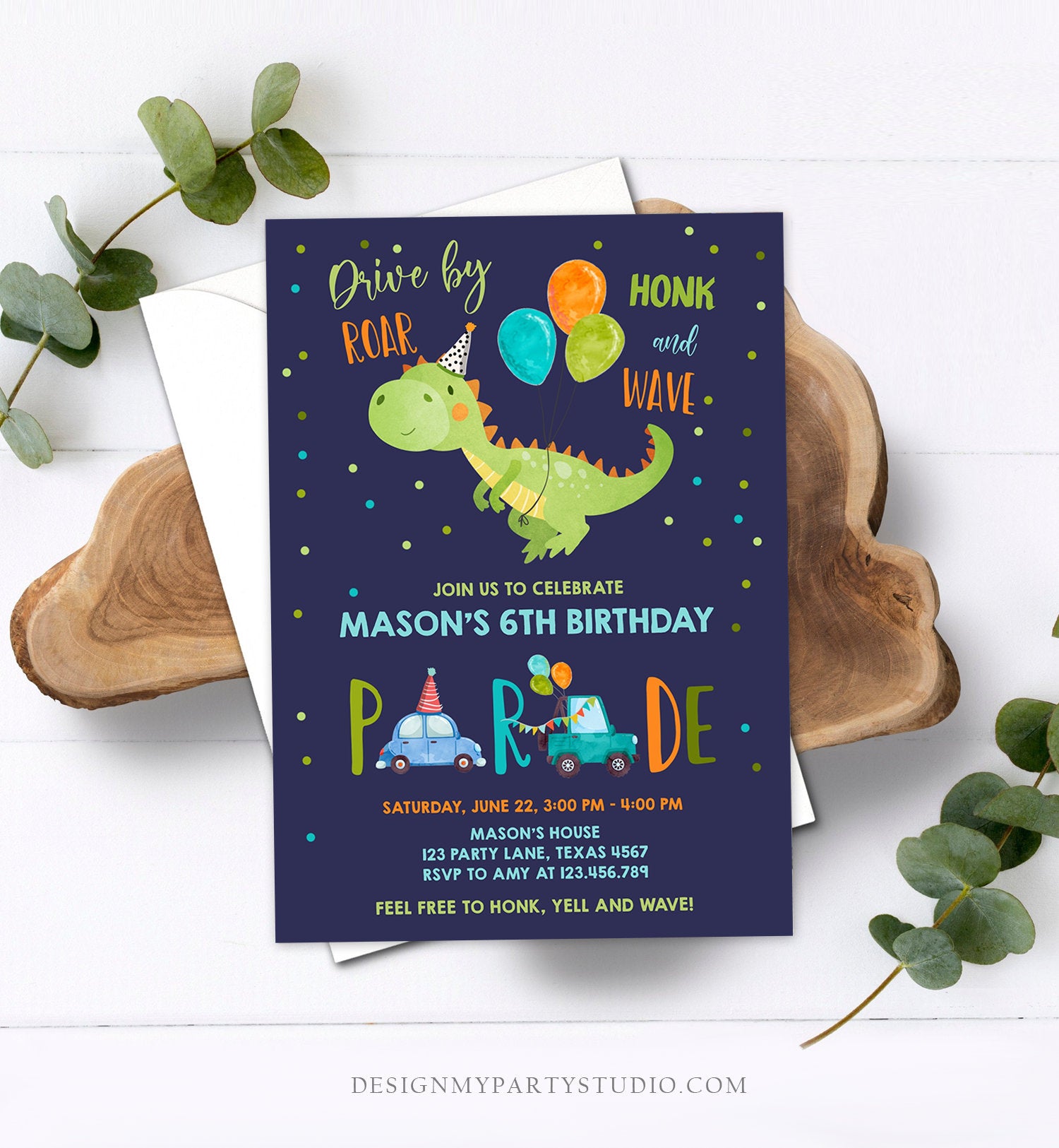 Editable Dinosaur Drive By Birthday Parade Invitation Virtual Party Invite Honk Wave Car Boy Dino Quarantine Download Digital Corjl 0340