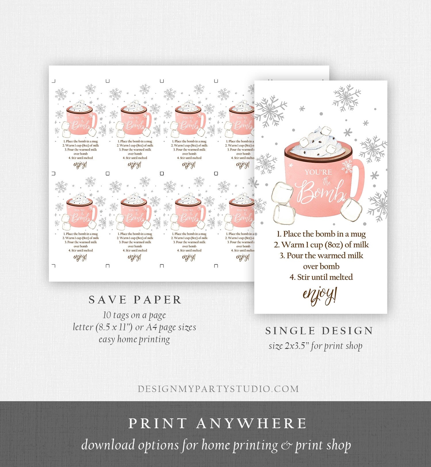 Editable Hot Chocolate Bomb Tags Bomb Instructions Cookies and Cocoa Favor Tags Winter Christmas You're The Bomb Pink Digital PRINTABLE 0353