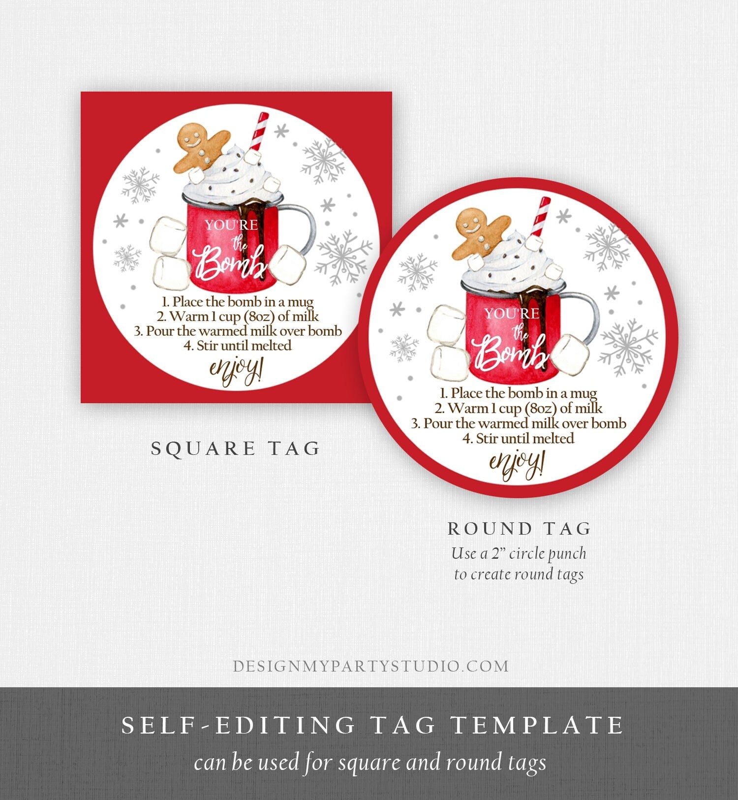 Editable Hot Chocolate Bomb Tags Bomb Instructions Cookies and Cocoa Favor Tags Winter Christmas You're The Bomb Digital PRINTABLE 0358