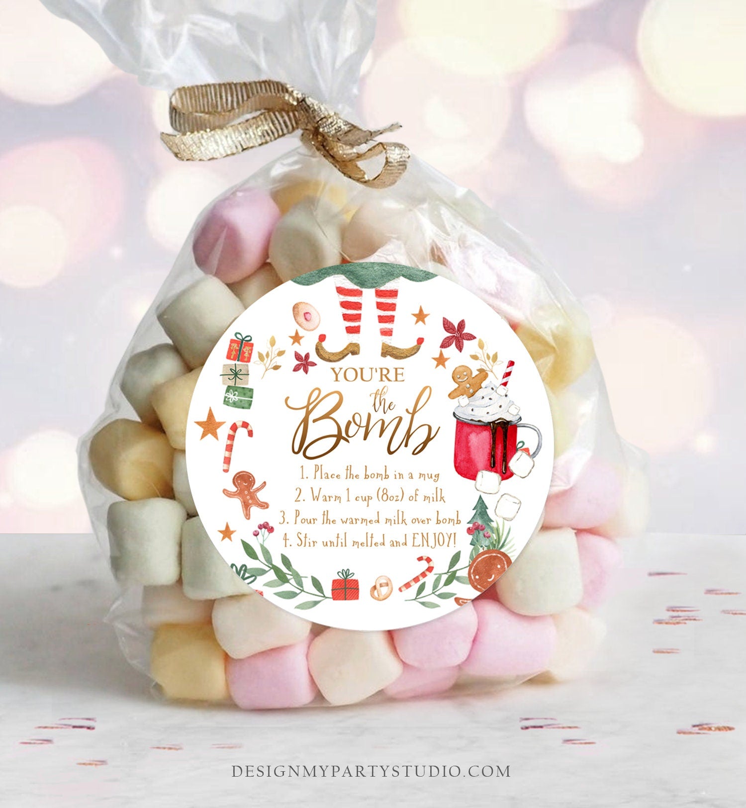 Editable Hot Chocolate Bomb Tags Elf Bomb Instructions Cocoa Favor Tags Elf Party Christmas Elf Visit Elf Birthday Digital PRINTABLE 0358