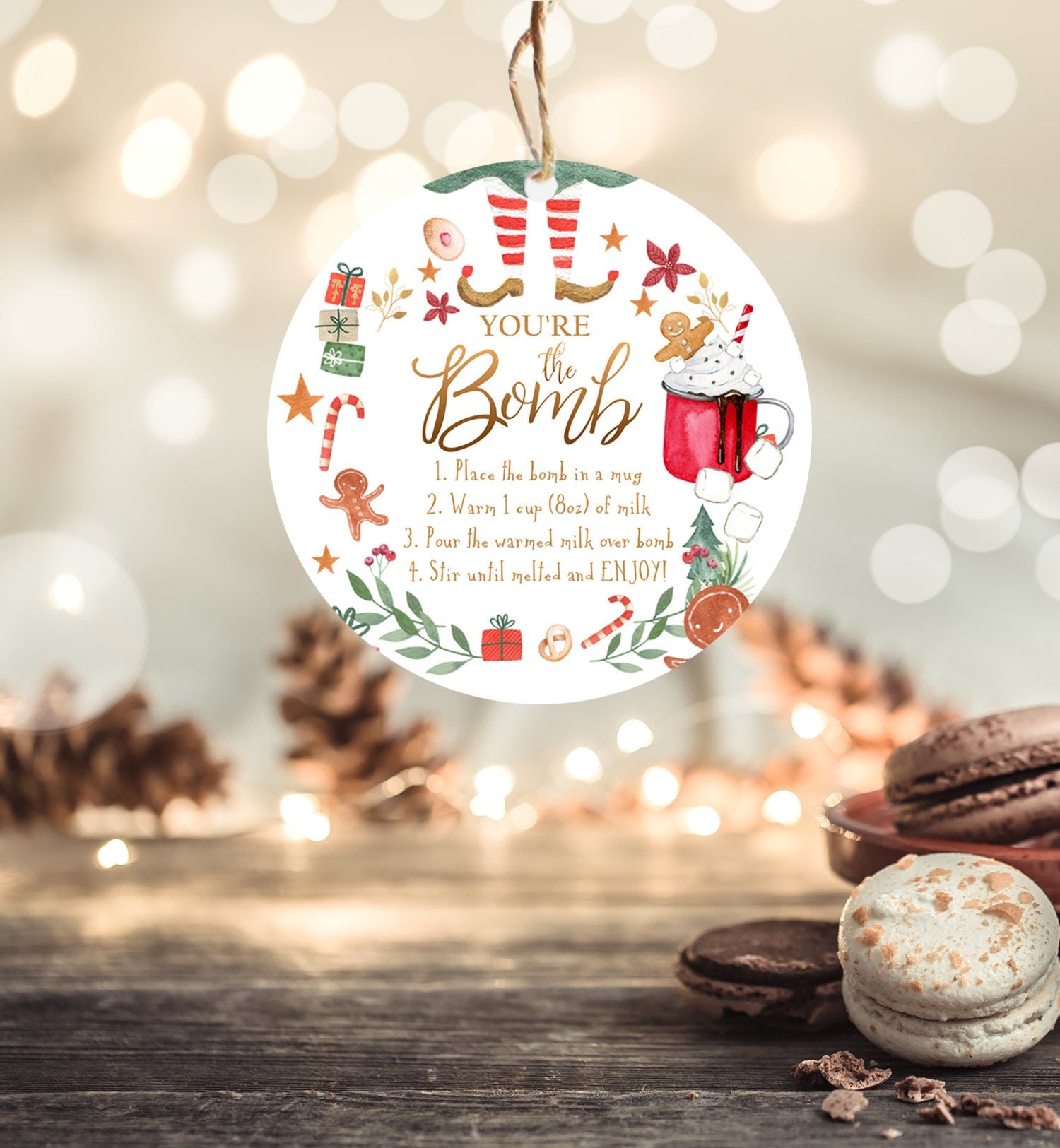 Editable Hot Chocolate Bomb Tags Elf Bomb Instructions Cocoa Favor Tags Elf Party Christmas Elf Visit Elf Birthday Digital PRINTABLE 0358