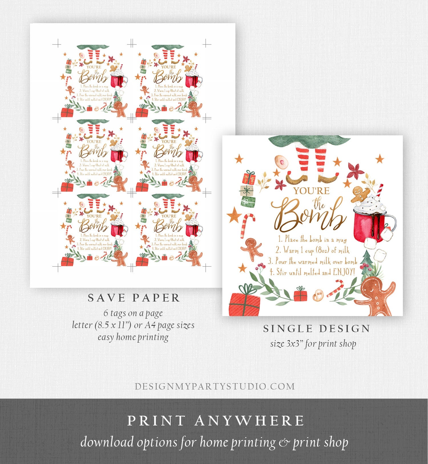 Editable Hot Chocolate Bomb Tags Elf Bomb Instructions Cocoa Favor Tags Elf Party Christmas Elf Visit Elf Birthday Digital PRINTABLE 0358