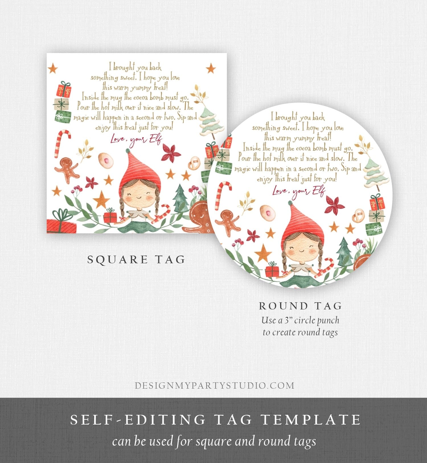 Editable Elf Hot Chocolate Bomb Tags Bomb Instructions Cocoa Favor Tags Elf Party Christmas Elf Visit Elf Birthday Digital PRINTABLE 0358