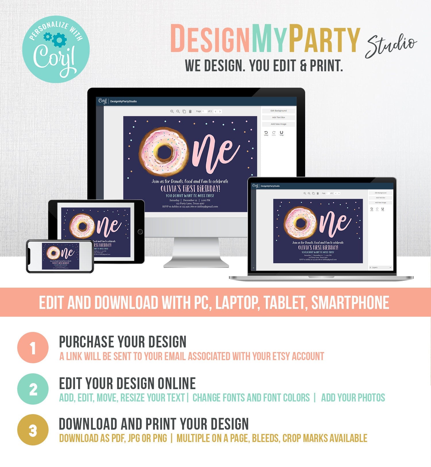 Editable Donut 1st Birthday Invitation First Birthday Invite Pink Donut Girl Doughnut Sweet Digital Download Printable Template Corjl 0368