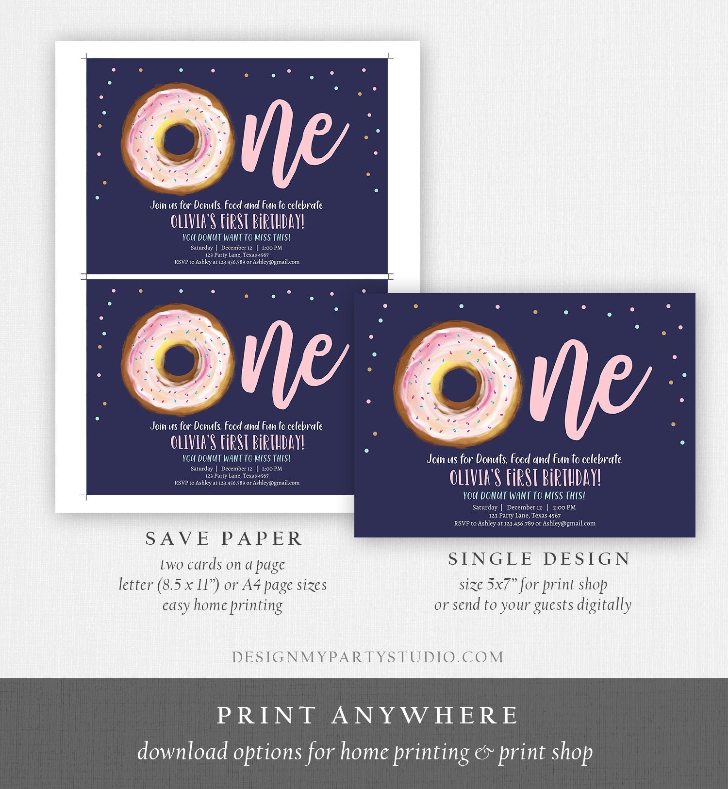 Editable Donut 1st Birthday Invitation First Birthday Invite Pink Donut Girl Doughnut Sweet Digital Download Printable Template Corjl 0368