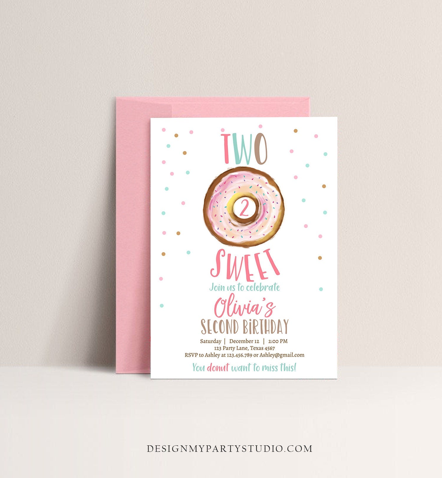 Editable Two Sweet Birthday Invitation Donut Birthday Party Pink Girl 2nd Birthday Doughnut Digital Download Printable Template Corjl 0368