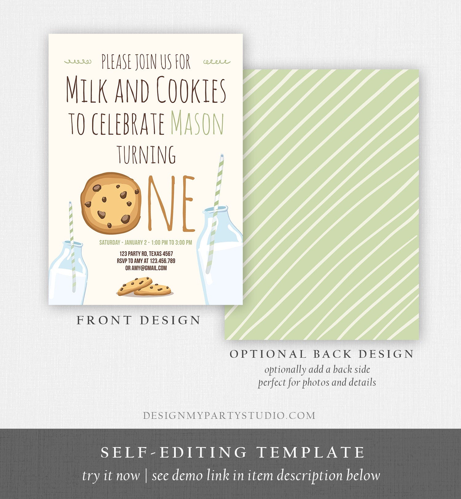 Editable Milk and Cookies Birthday Invitation Milk & Cookies Party 1st Birthday First Birthday Mint Green Boy Printable Template Corjl 0088
