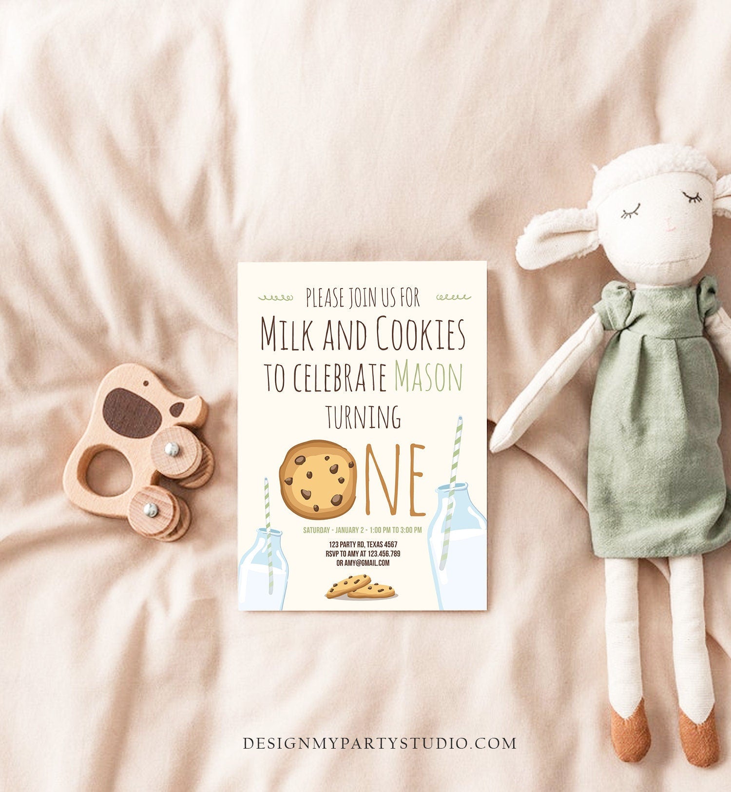 Editable Milk and Cookies Birthday Invitation Milk & Cookies Party 1st Birthday First Birthday Mint Green Boy Printable Template Corjl 0088