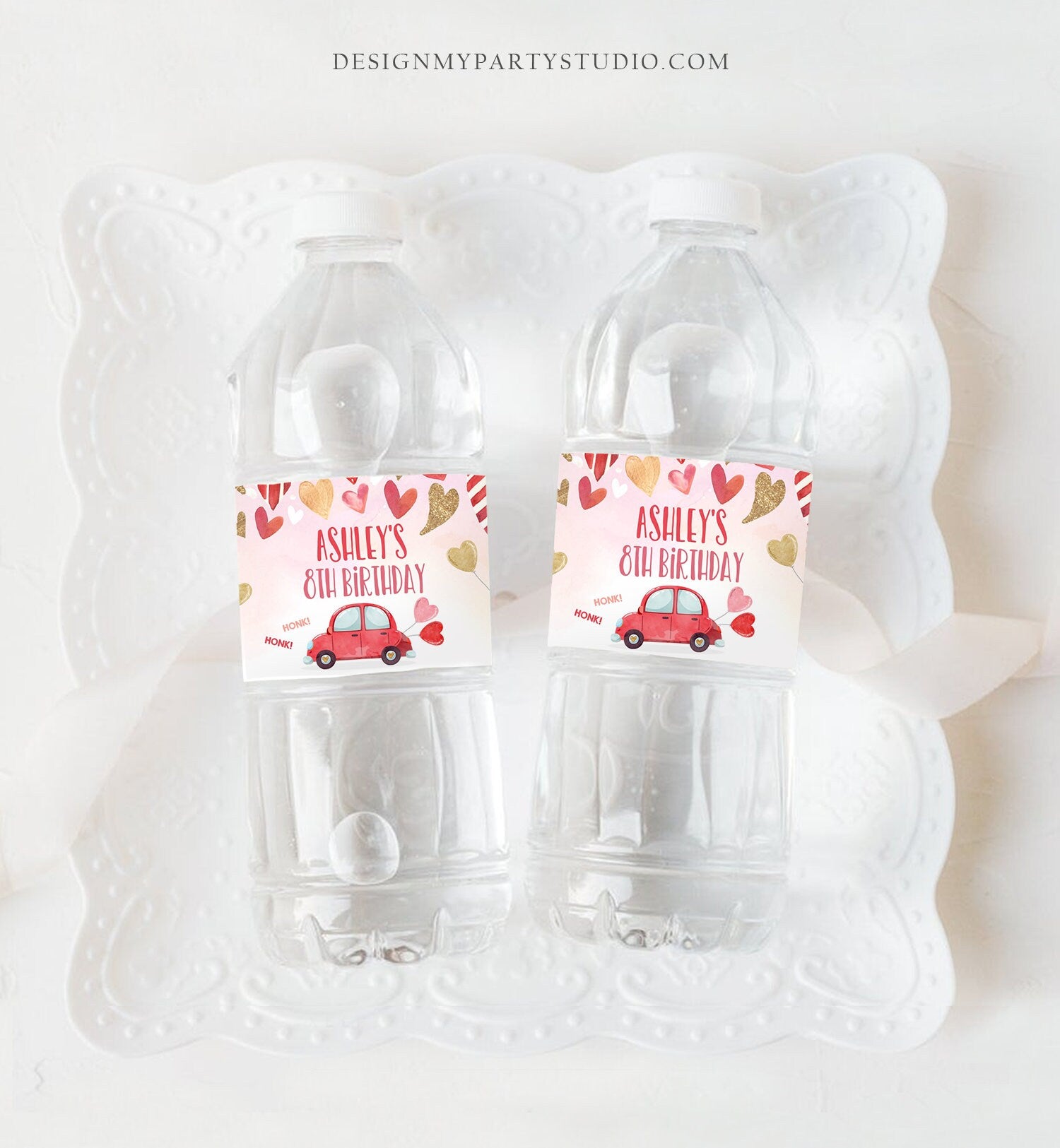 Editable Water Bottle Labels Drive By Valentine Birthday Baby Shower Decor Sweetheart Hearts Car Pink Red Gold Template Corjl Printable 0371