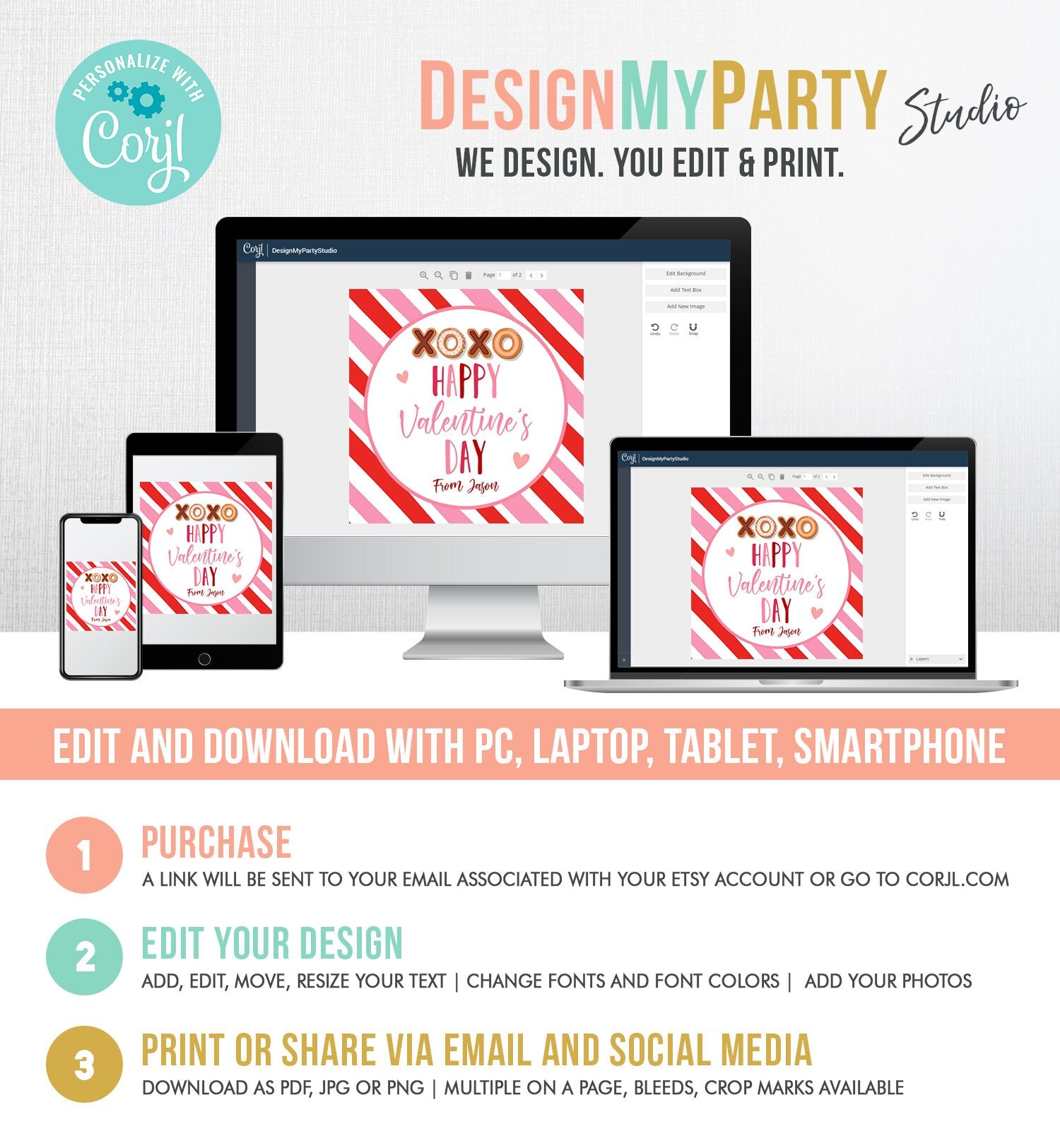 Editable Valentine's Day Cookie Tags Happy Valentine's Day Cookies Tag Sticker xoxo Kisses Valentines Day Card Labels Digital PRINTABLE 0370