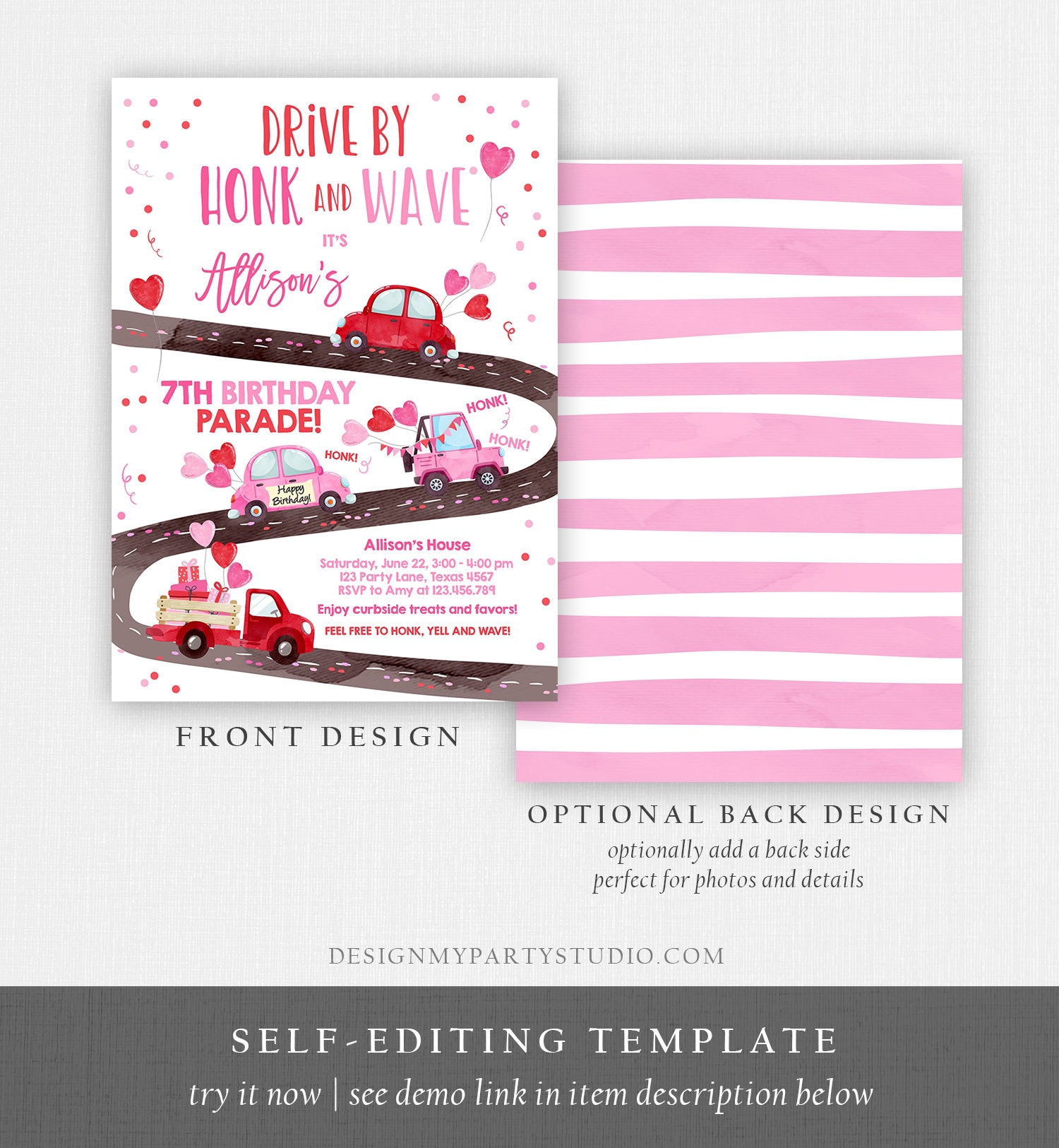 Editable Little Sweetheart Drive By Birthday Invitation Valentine Girl Hearts Pink Drive Through First 1st Corjl Template Printable 0365