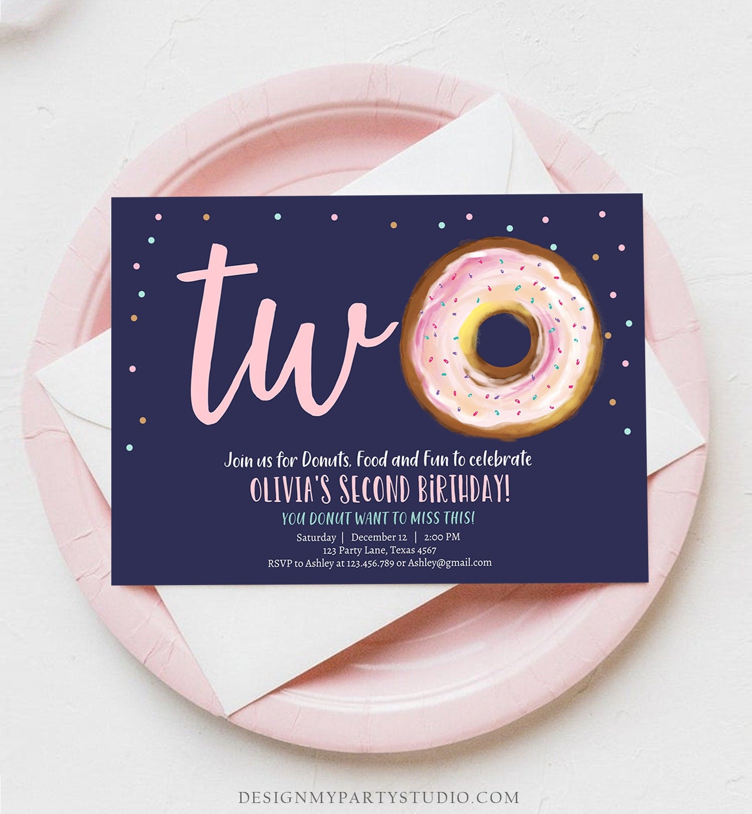 Editable Donut 2nd Birthday Invitation Second Birthday Invite Pink Donut Girl Two Sweet Party Digital Download Printable Template Corjl 0368