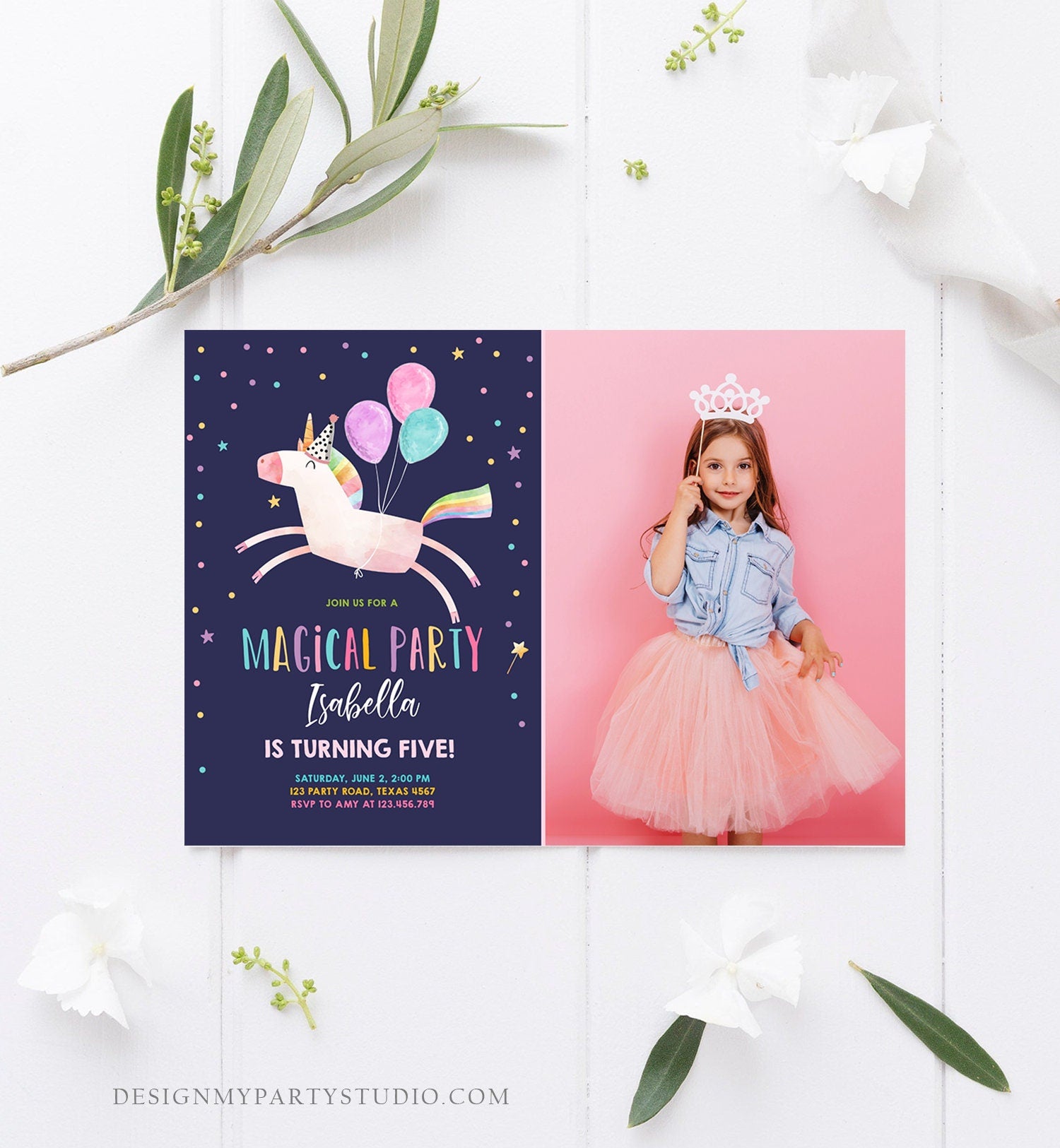 Editable Unicorn Birthday Invitation Magical Party Invite Girl Pink First Birthday Digital Invite Template Reainbow Download Corjl 0336