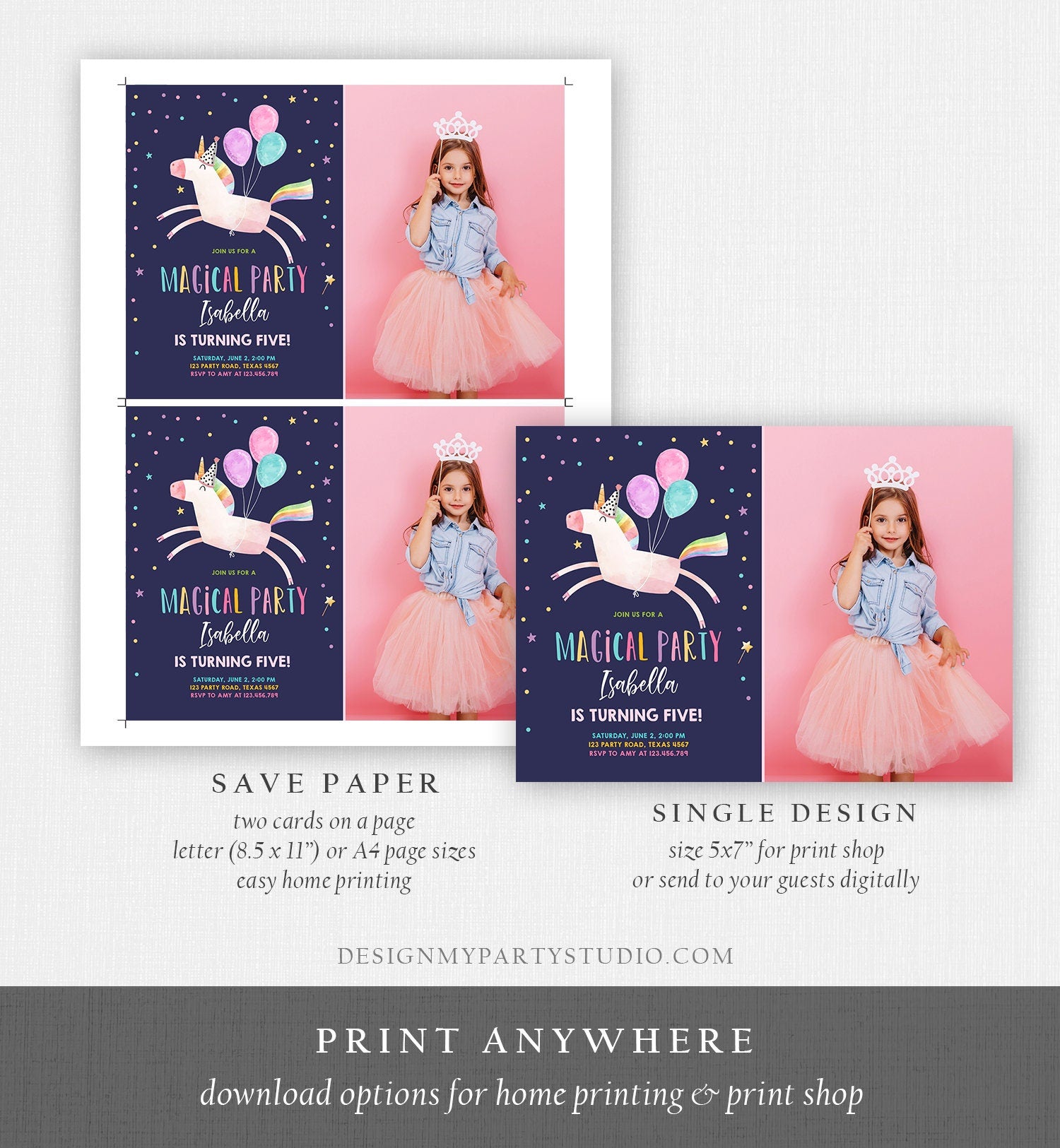 Editable Unicorn Birthday Invitation Magical Party Invite Girl Pink First Birthday Digital Invite Template Reainbow Download Corjl 0336