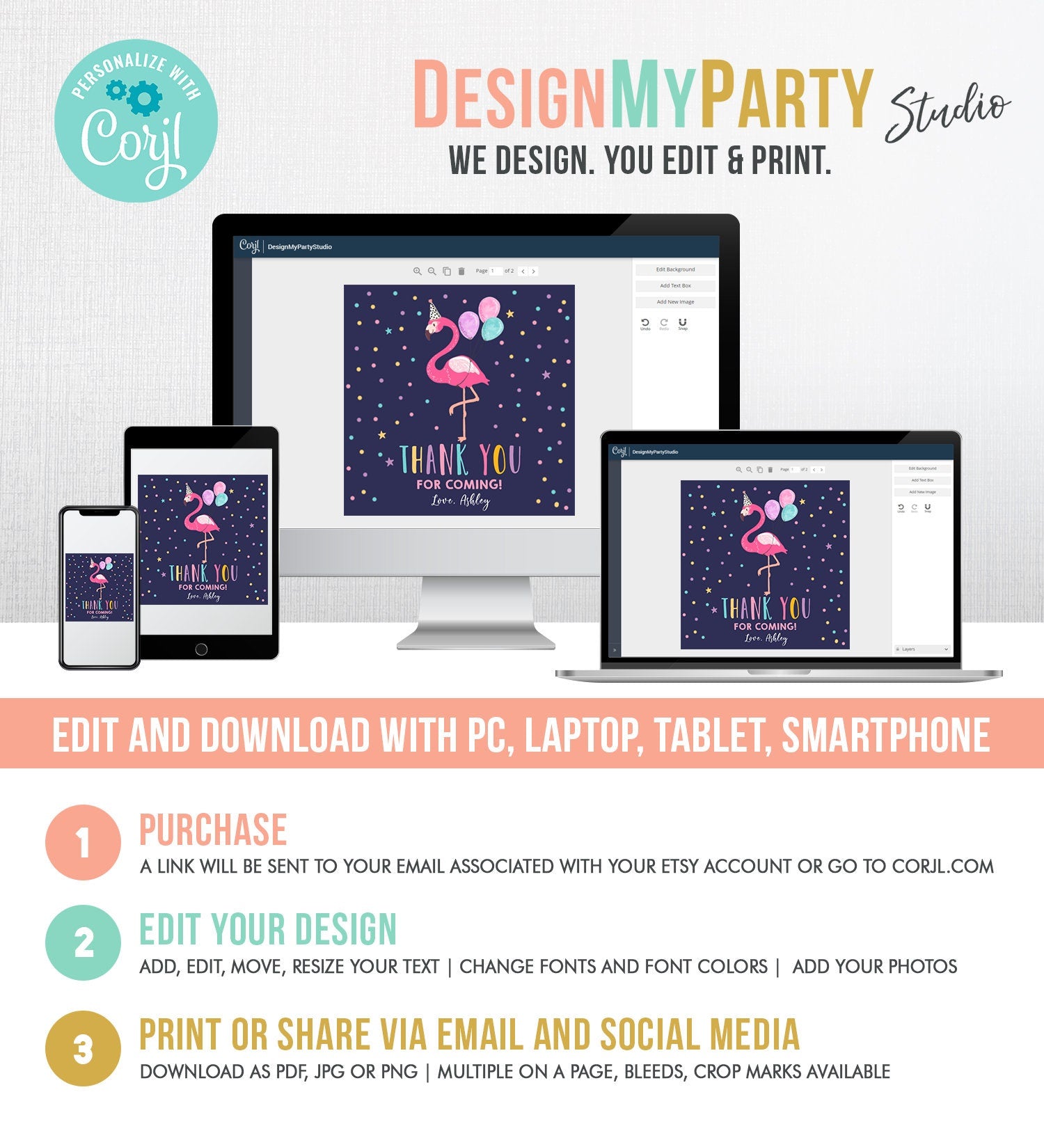 Editable Flamingo Favor Tag Drive By Birthday Favors Party Parade Cars Tropical Thank You Gift Tags Pink Girl Corjl Template Printable 0200