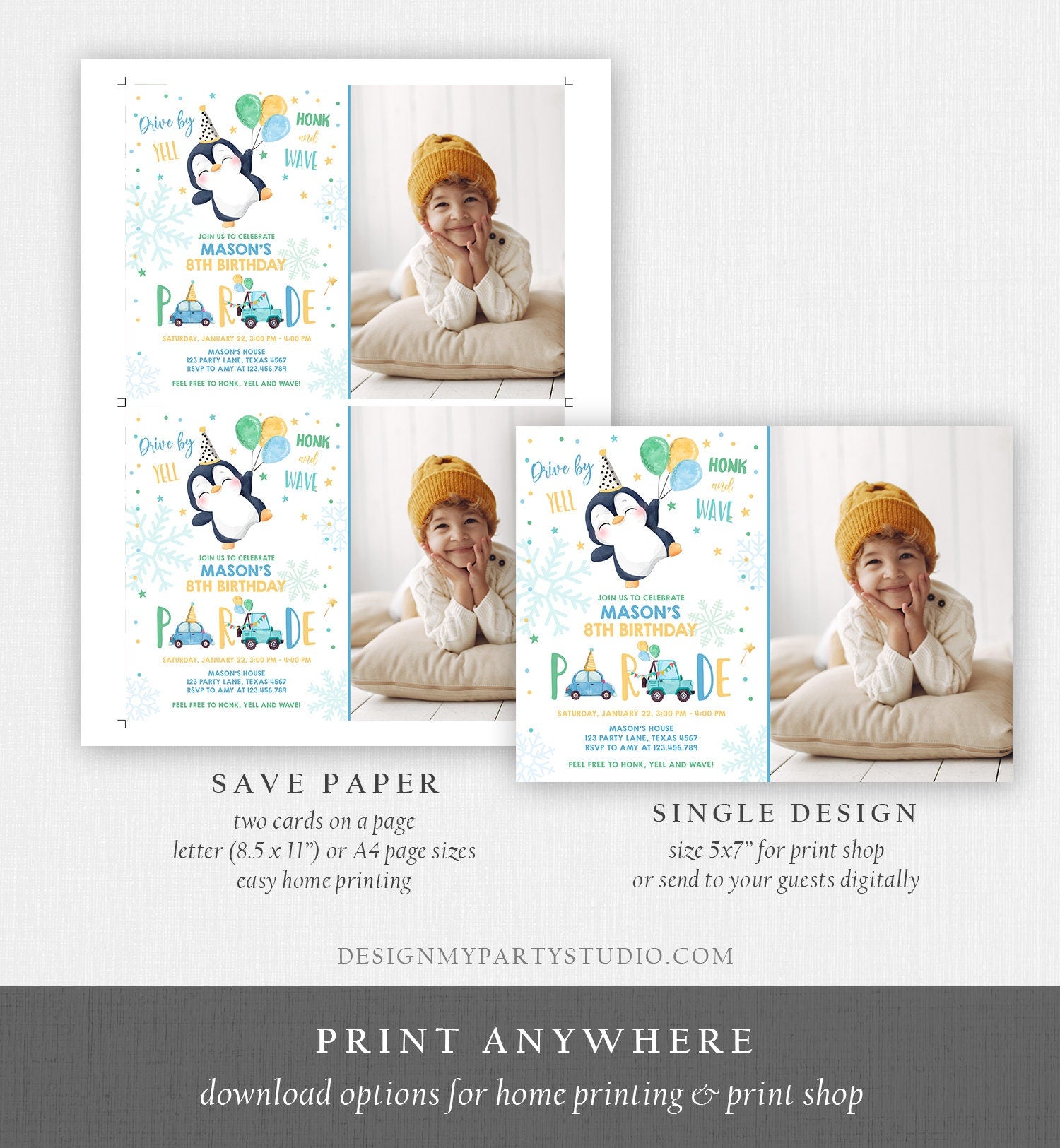 Editable Penguin Drive By Birthday Parade Invitation Winter Party Invite Honk Wave Car Boy Blue Drive Through South Pole Digital Corjl 0372
