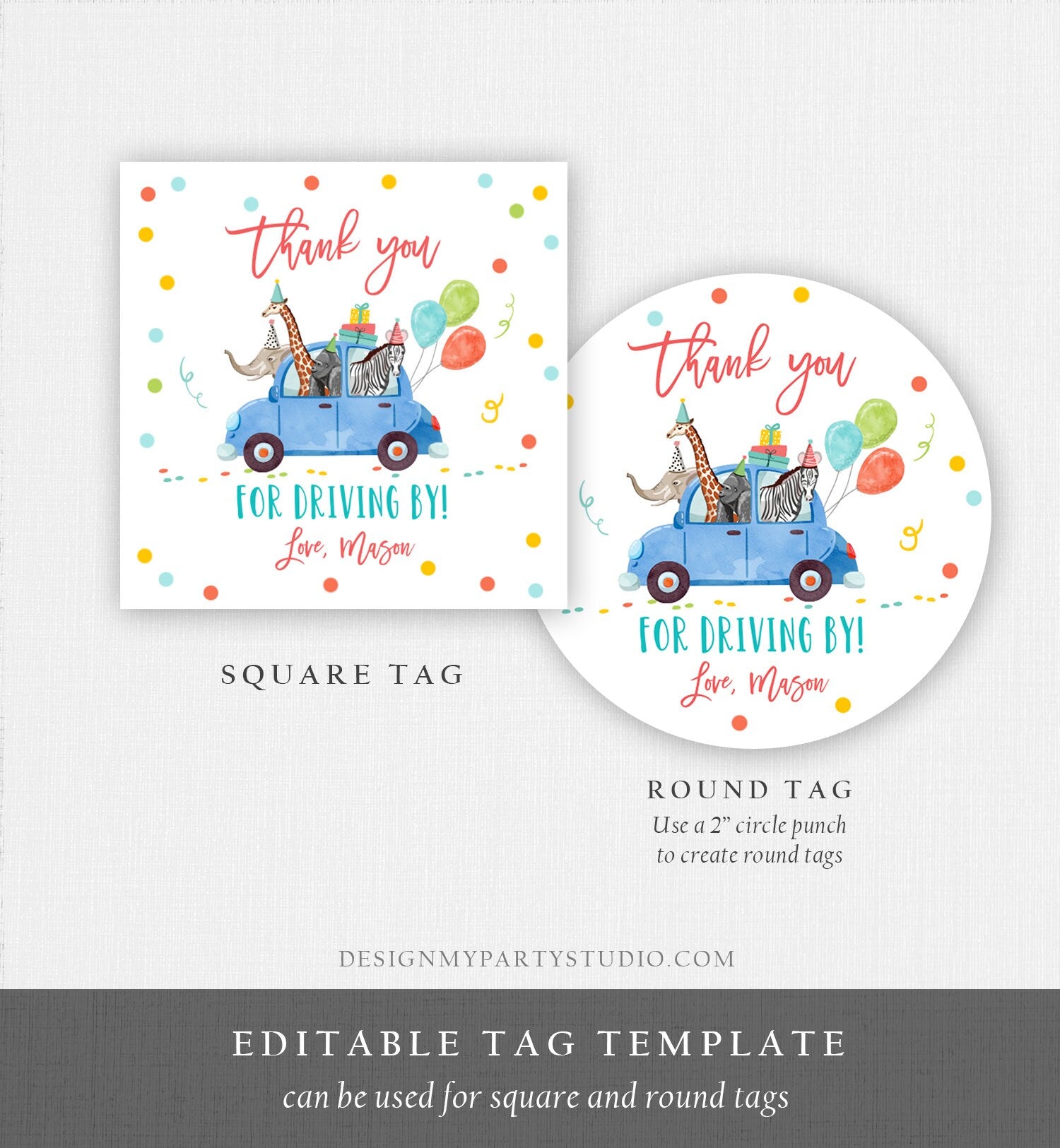 Editable Drive By Favor Tag Safari Animals Birthday Party Parade Thank You Gift Quarantine Blue Car Boy Round Square Corjl Template 0333