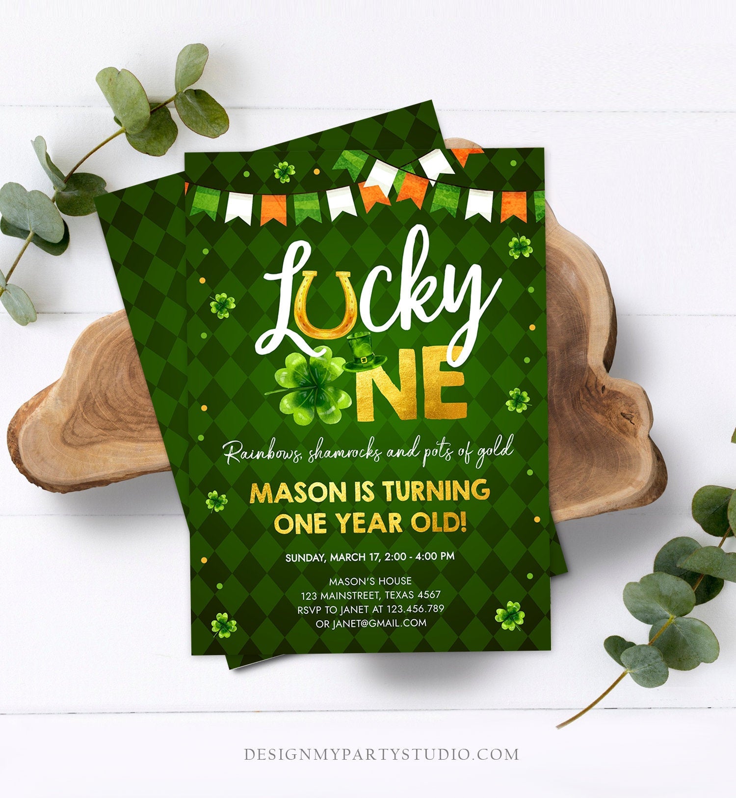 Editable Lucky One Birthday Invitation St. Patrick's Day First Birthday 1st Boy Shamrock Clover Download Corjl Template Printable 0379