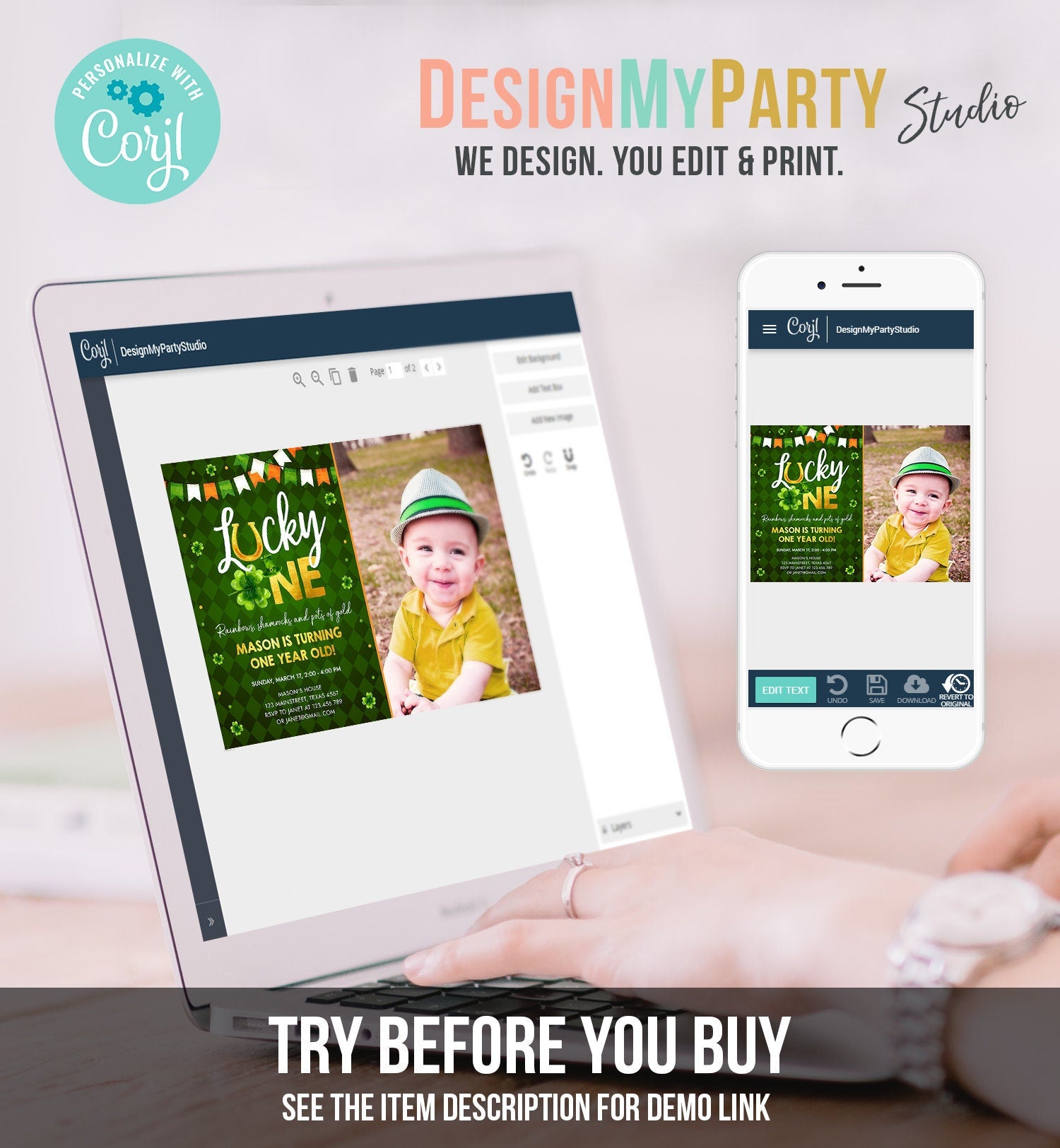 Editable Lucky One Birthday Invitation St. Patrick's Day First Birthday 1st Boy Shamrock Clover Download Corjl Template Printable 0379