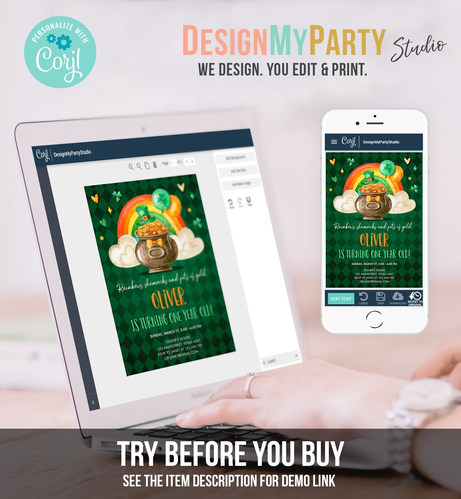 Editable Lucky One Birthday Invitation St. Patrick's Day First Birthday 1st Boy Shamrock Clover Download Corjl Template Printable 0380