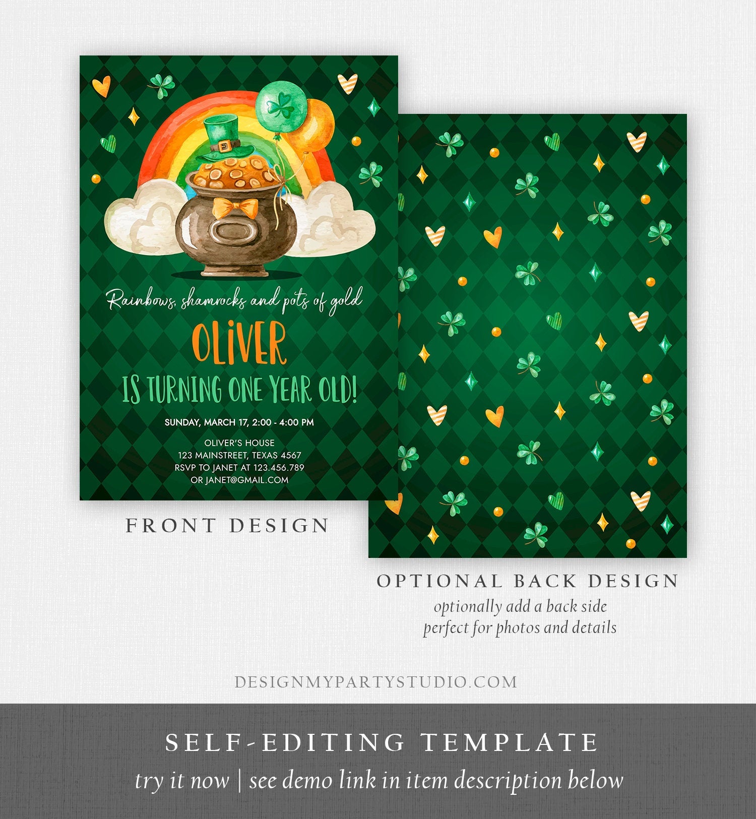Editable Lucky One Birthday Invitation St. Patrick's Day First Birthday 1st Boy Shamrock Clover Download Corjl Template Printable 0380
