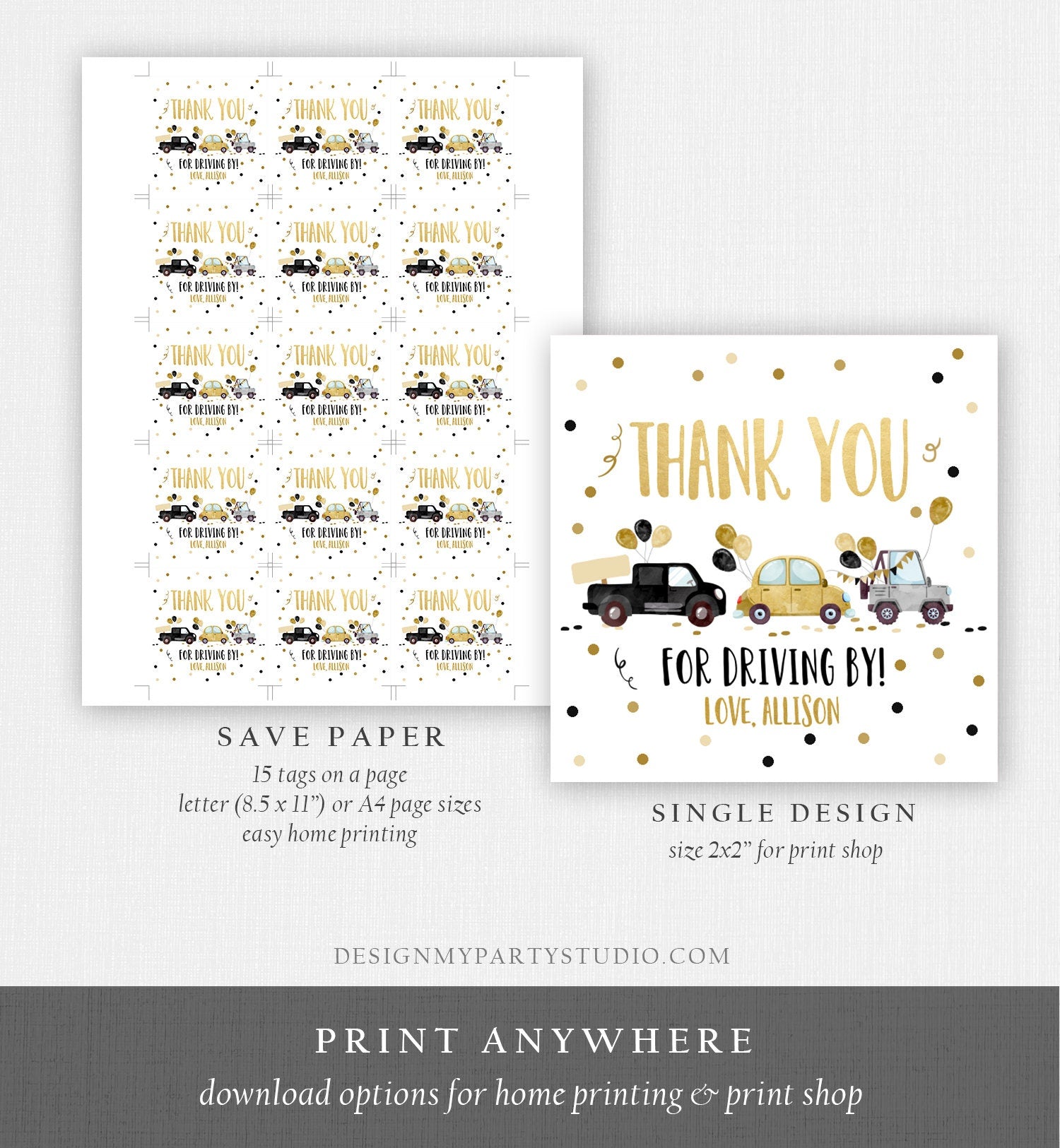 Editable Drive By Favor Tag Drive Through Birthday Parade Thank You Gift Tags Quarantine Gold Yellow Baby Shower Corjl Template 0337