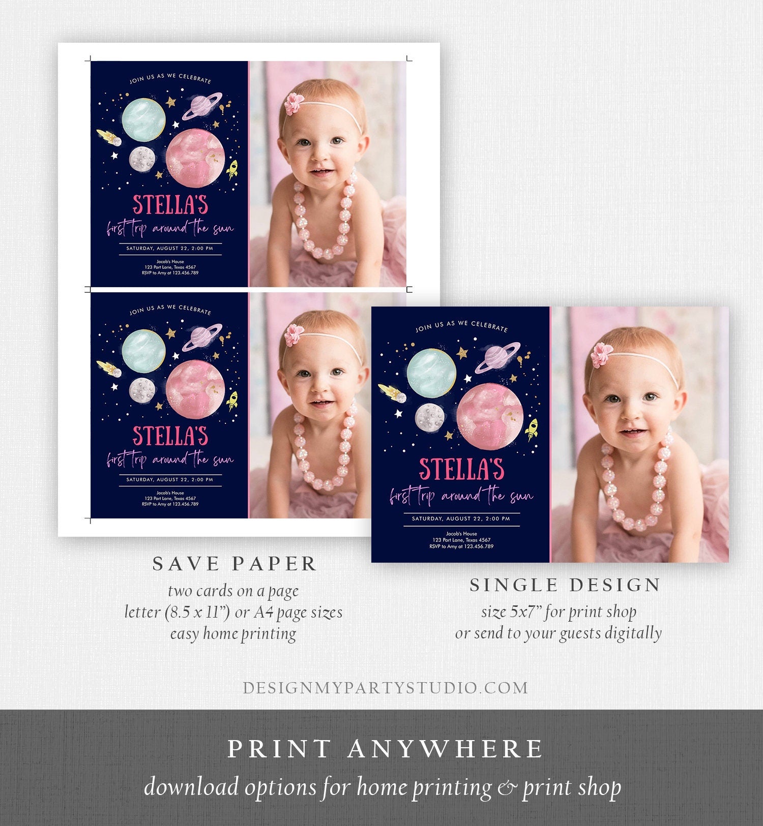 Editable Outer Space Girl First Birthday Invitation Galaxy Blast Off First Trip Around the Sun Pink Download Printable Template Corjl 0357