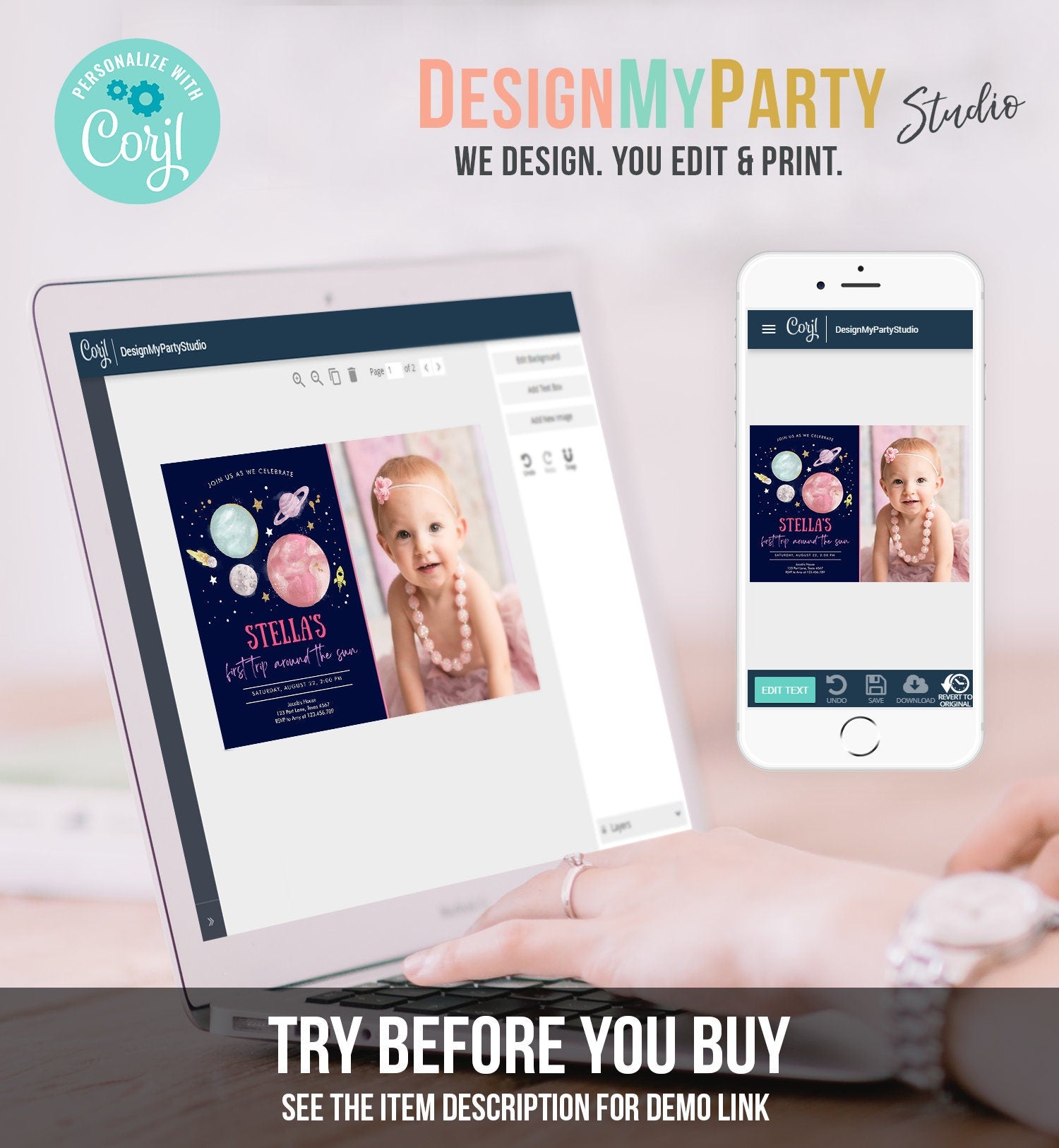 Editable Outer Space Girl First Birthday Invitation Galaxy Blast Off First Trip Around the Sun Pink Download Printable Template Corjl 0357