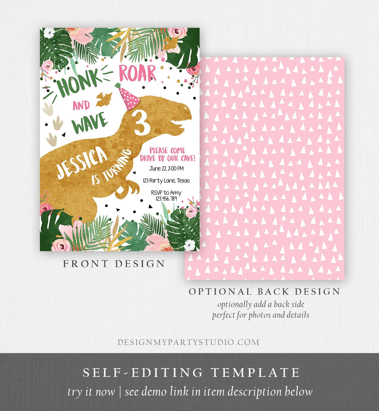 Editable Dinosaur Drive By Birthday Parade Invitation Virtual Party Invite Honk Car Girl Dino T-Rex Quarantine Download Digital Corjl 0146