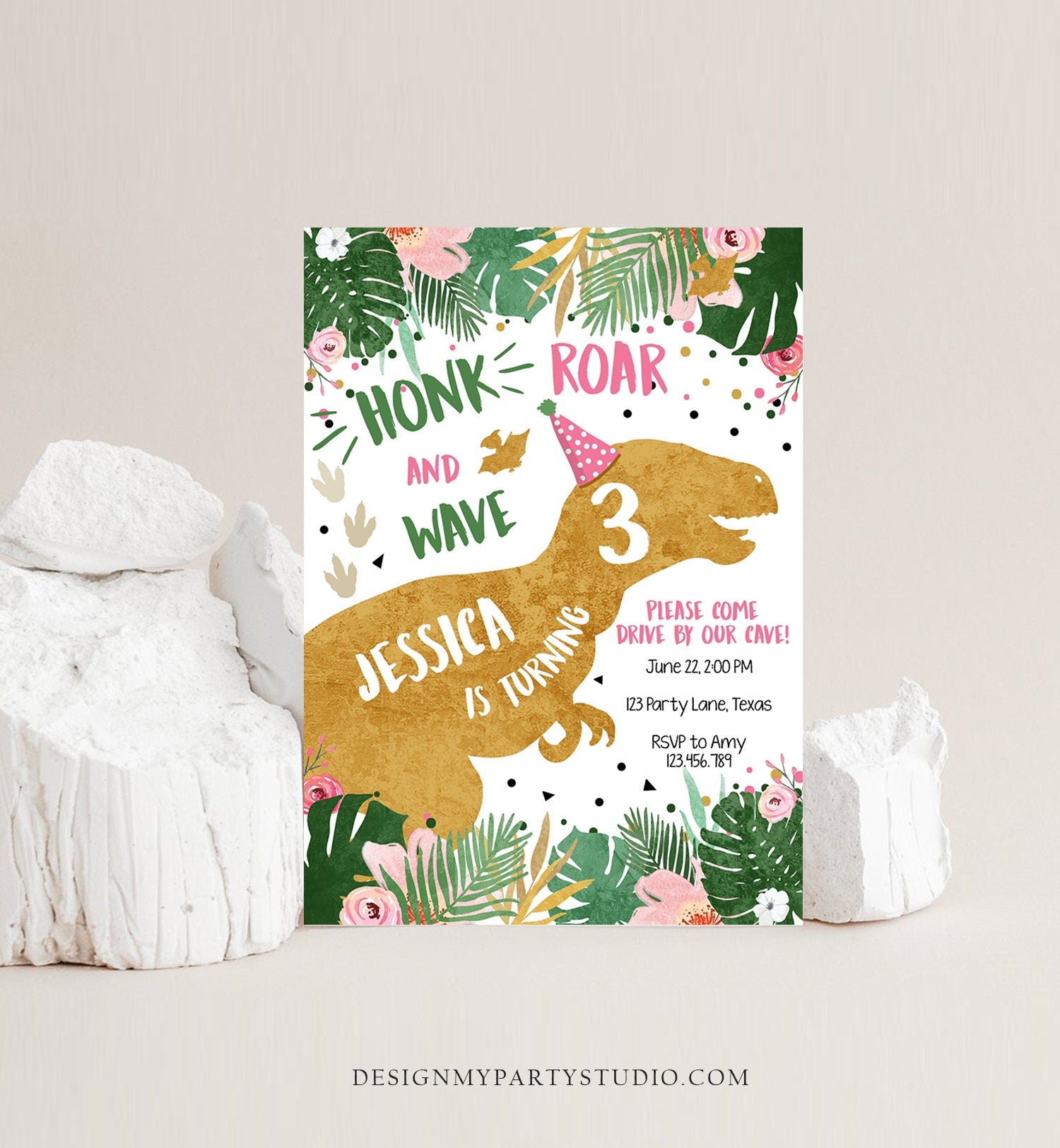 Editable Dinosaur Drive By Birthday Parade Invitation Virtual Party Invite Honk Car Girl Dino T-Rex Quarantine Download Digital Corjl 0146