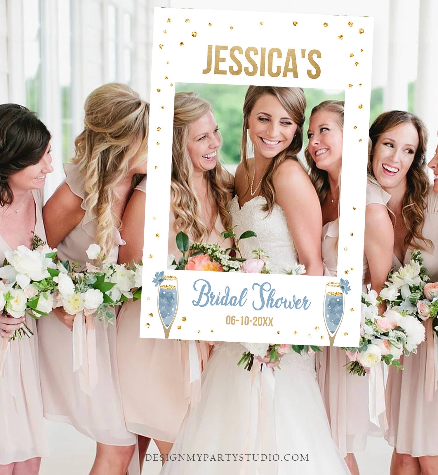 Editable Bridal Shower Photo Prop Brunch and Bubbly Bridal Shower Sign Photo Booth Frame Wedding Photo Prop Blue Gold Corjl PRINTABLE 0150