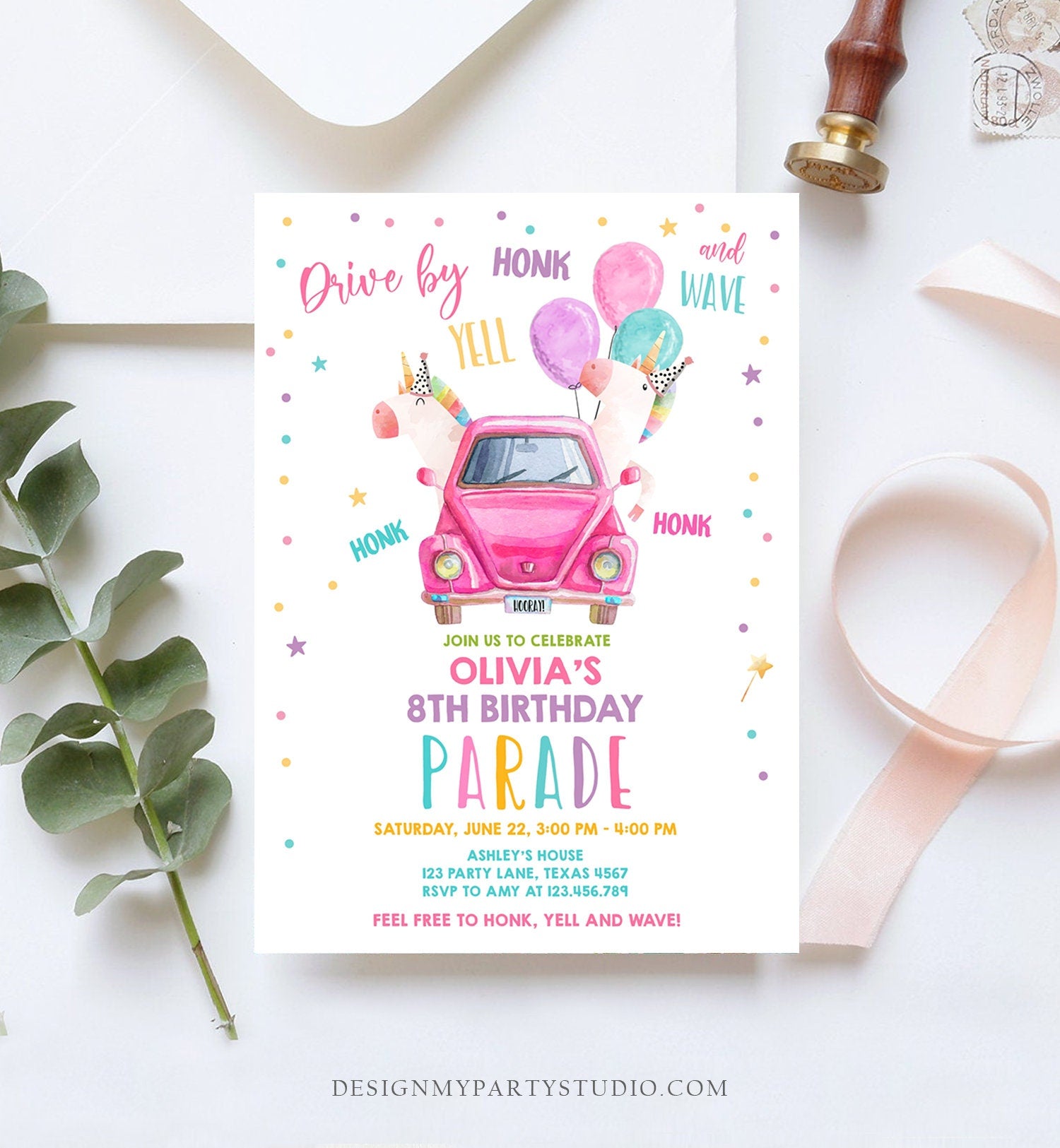 Editable Unicorn Drive By Birthday Parade Invitation Virtual Party Invite Honk Wave Car Girl Pink Quarantine Download Digital Corjl 0336