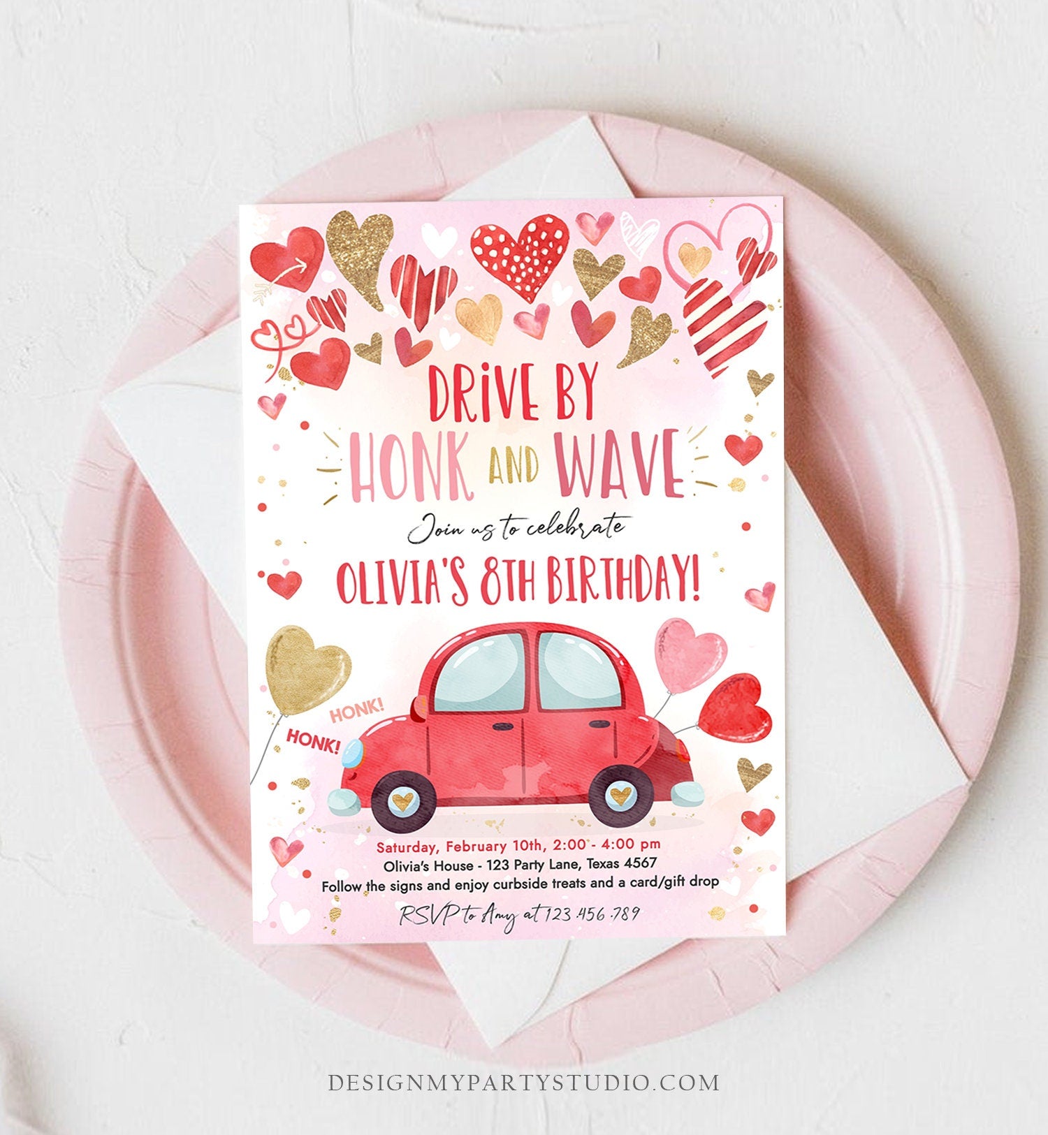 Editable Drive By Birthday Invitation Valentine Sweetheart Pink Gold Hearts Drive Through Red Heart Car Corjl Template Printable 0371