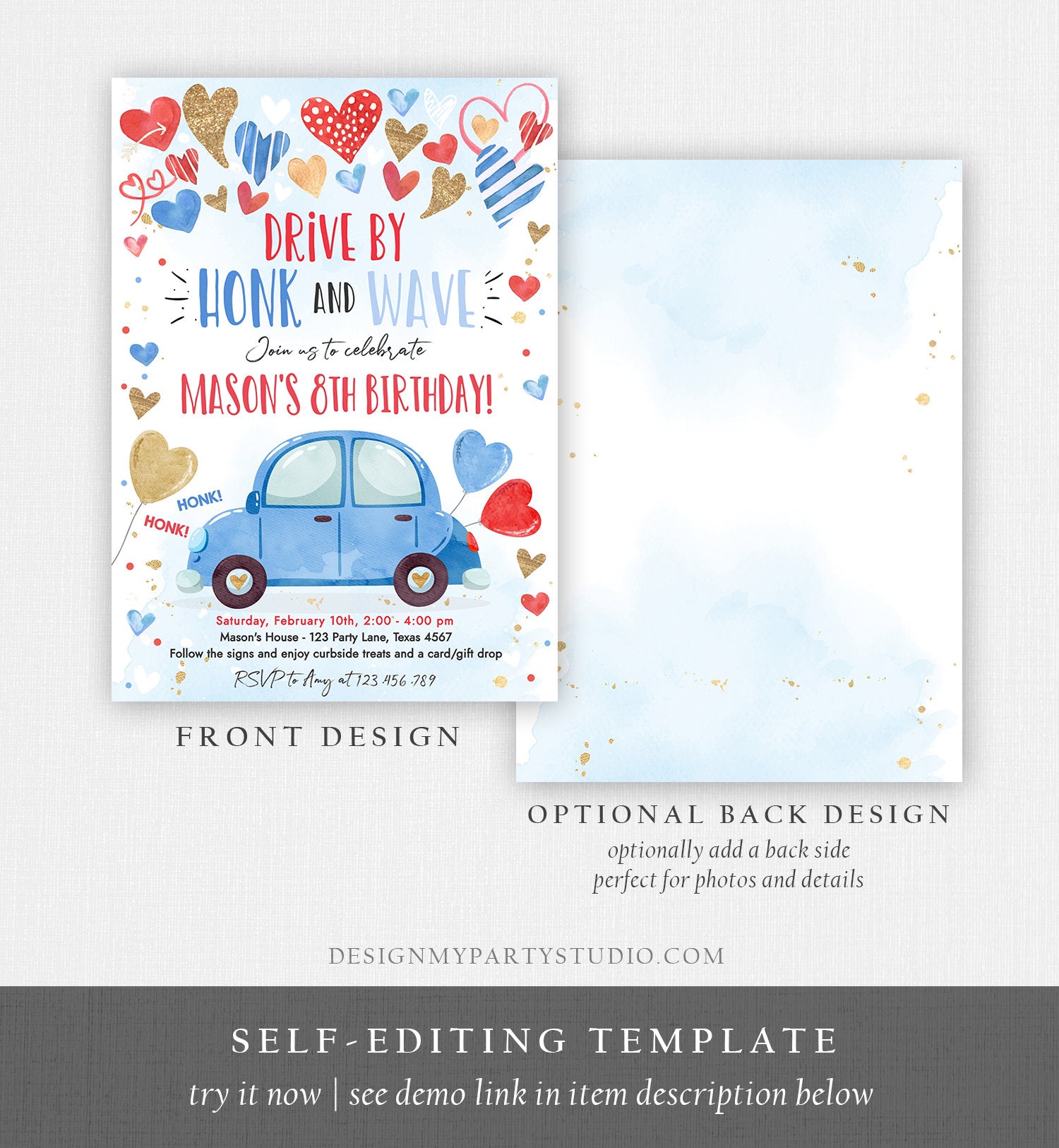 Editable Drive By Birthday Invitation Valentine Sweetheart Blue Gold Hearts Drive Through Red Heart Car Corjl Template Printable 0371