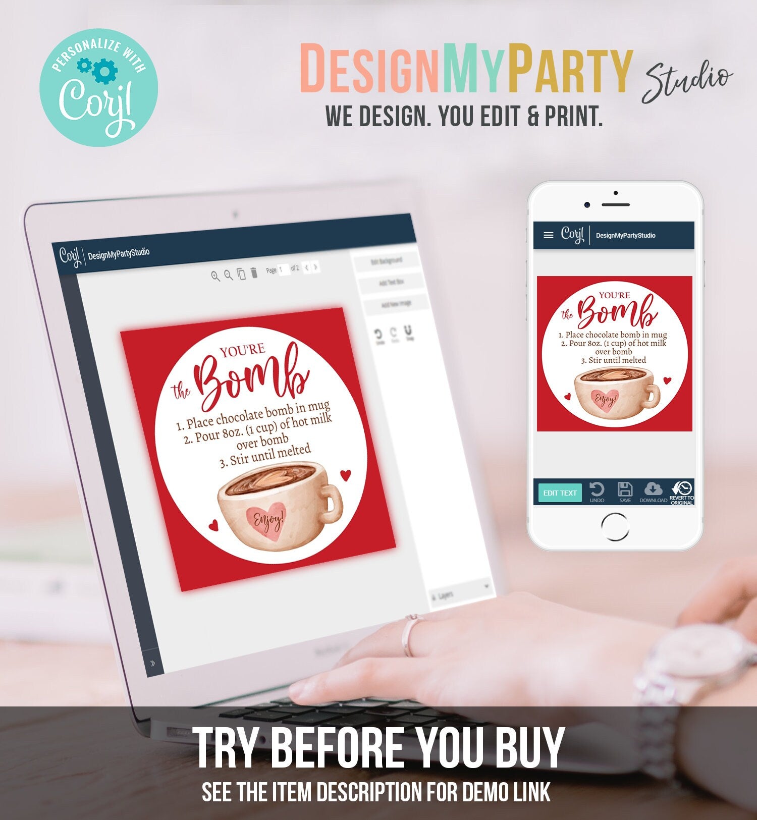 Editable Valentine Hot Chocolate Bomb Tags Bomb Instructions Hot Cocoa Bomb Favor Tags Valentine Gift You're The Bomb Digital PRINTABLE 0370