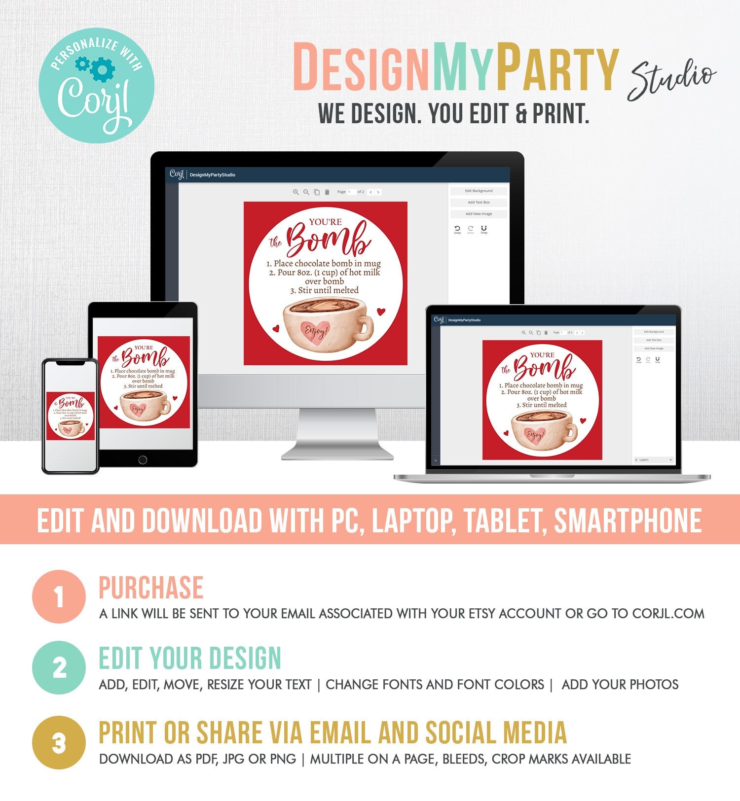 Editable Valentine Hot Chocolate Bomb Tags Bomb Instructions Hot Cocoa Bomb Favor Tags Valentine Gift You're The Bomb Digital PRINTABLE 0370