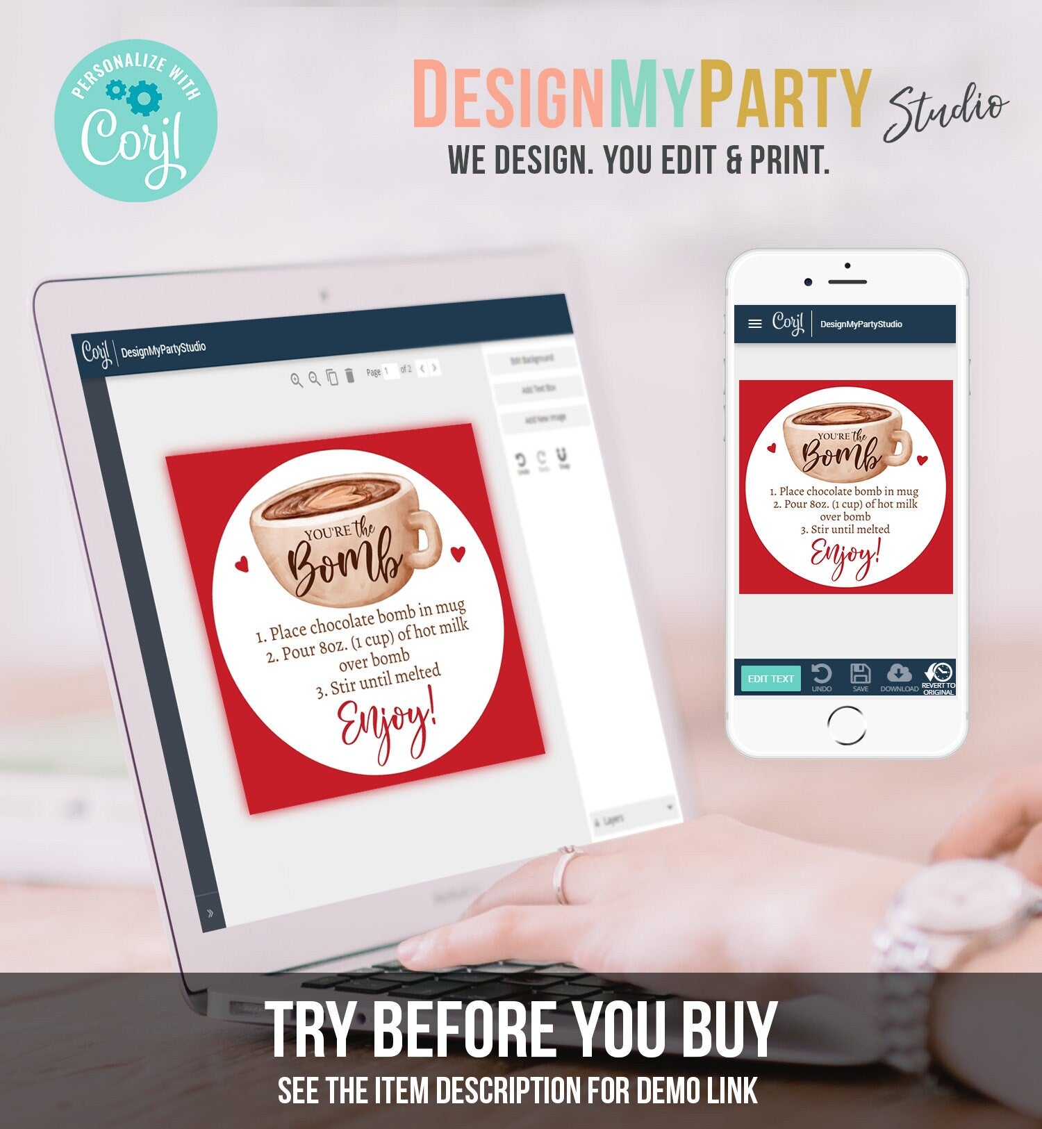 Editable Valentine Hot Chocolate Bomb Tags Bomb Instructions Hot Cocoa Bomb Favor Tags Valentine Gift You're The Bomb Digital PRINTABLE 0370