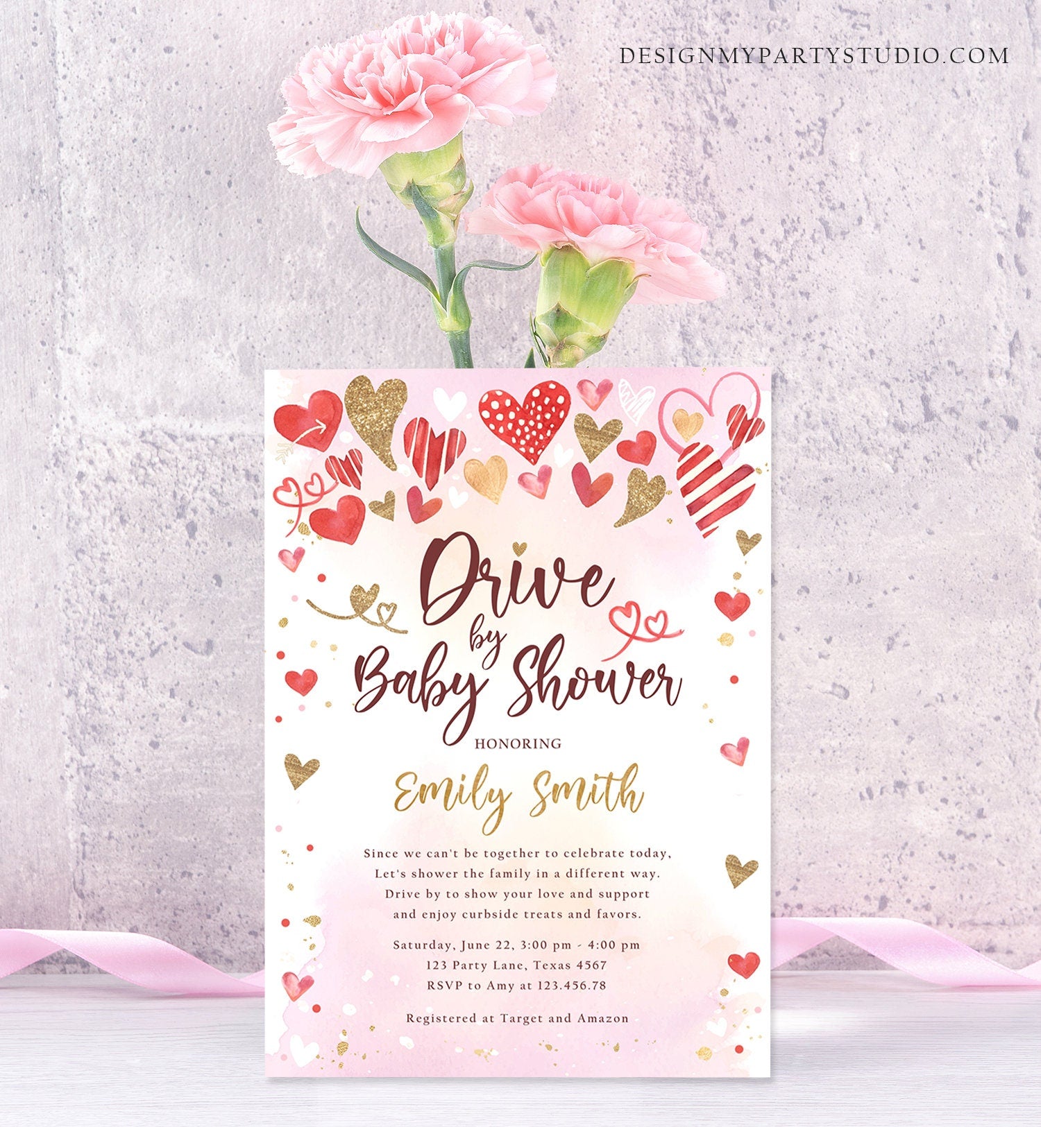 Editable Drive By Baby Shower Invitation Valentine Sweetheart Pink Red Gold Hearts Drive Through Showered Love Corjl Template Printable 0371