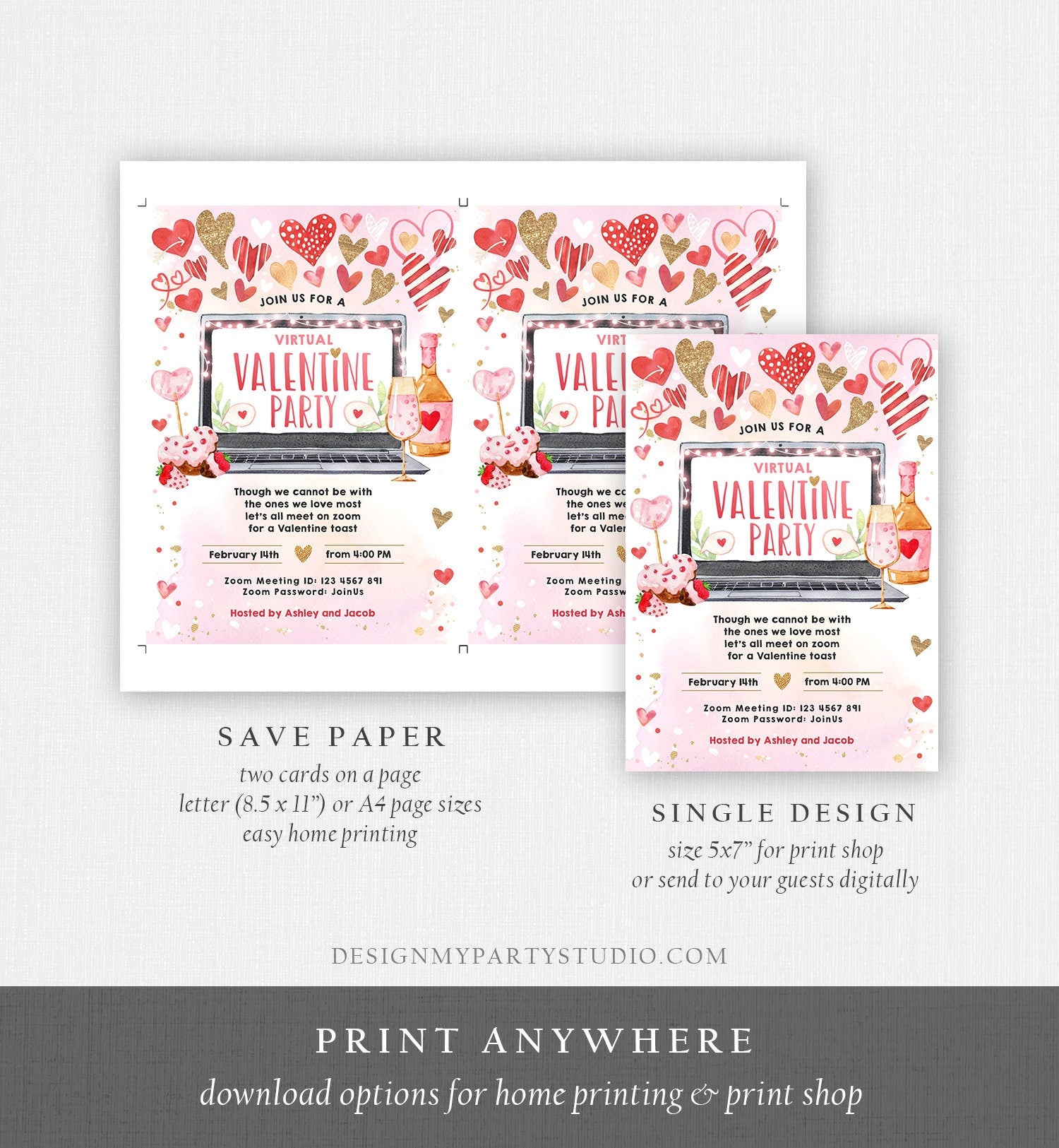 Editable Virtual Valentine Toast Invitation Valentine Party Zoom Invite Quarantine Social Distancing Laptop Printable Template Corjl 0371