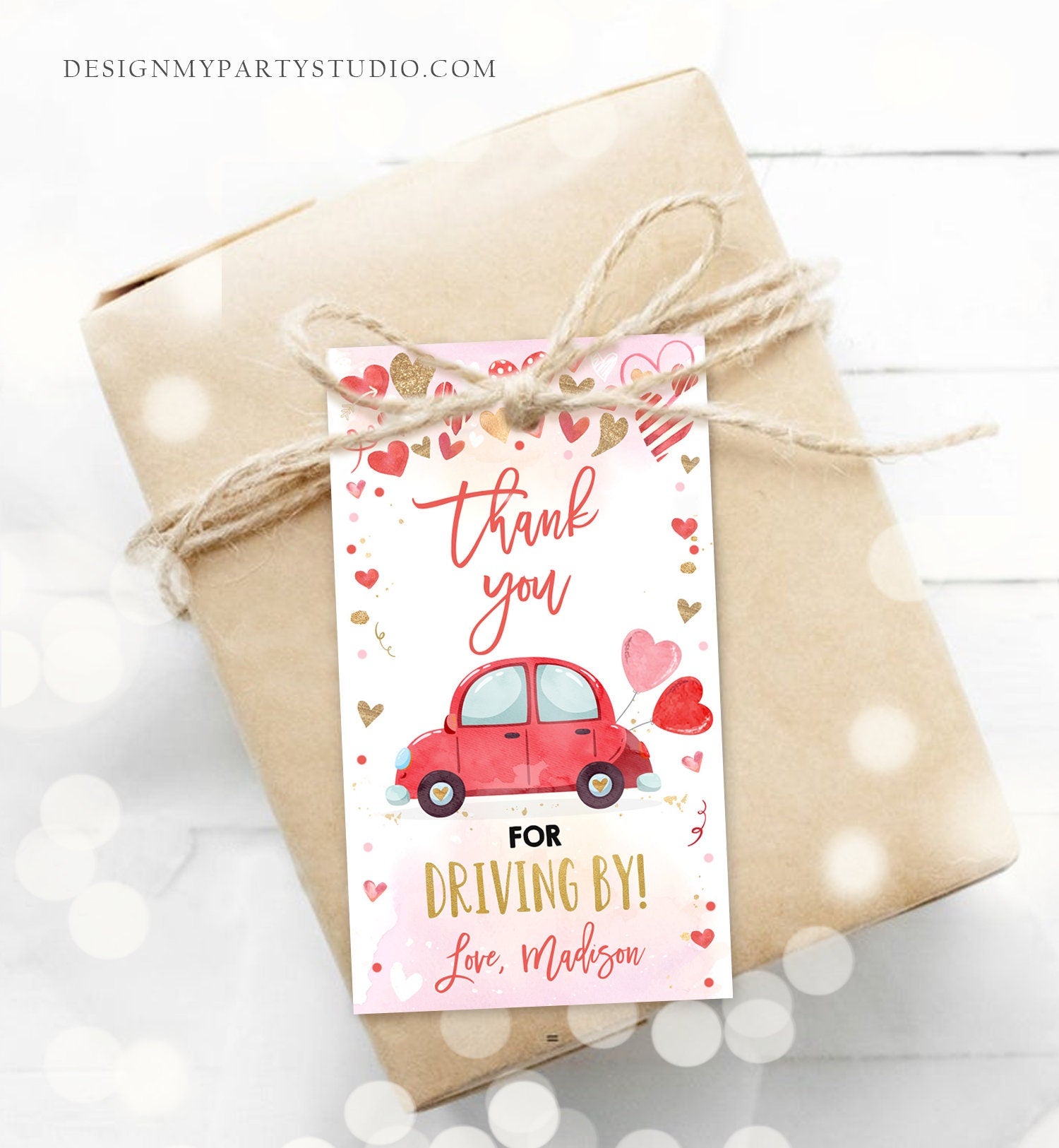 Editable Drive By Favor Tag Valentine Hearts Birthday Parade Drive Through Favors Party Thank You Red Pink Car Corjl Template Printable 0371