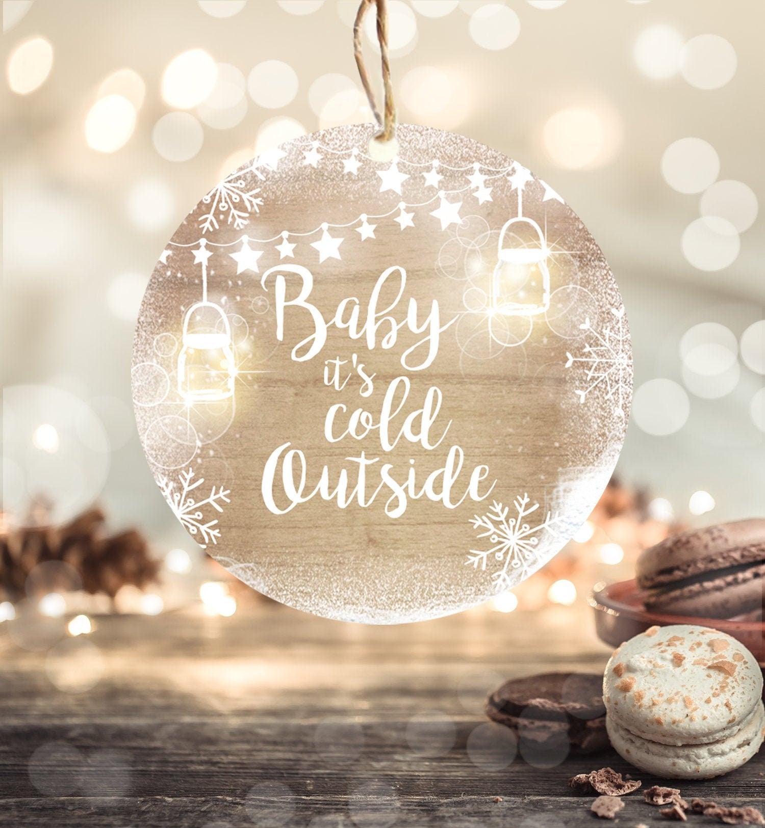 Editable Baby It's Cold Outside Thank You Favor Tag Baby Shower Rustic Wood Snowflakes Snow Winter Digital Corjl Template Printable 0031