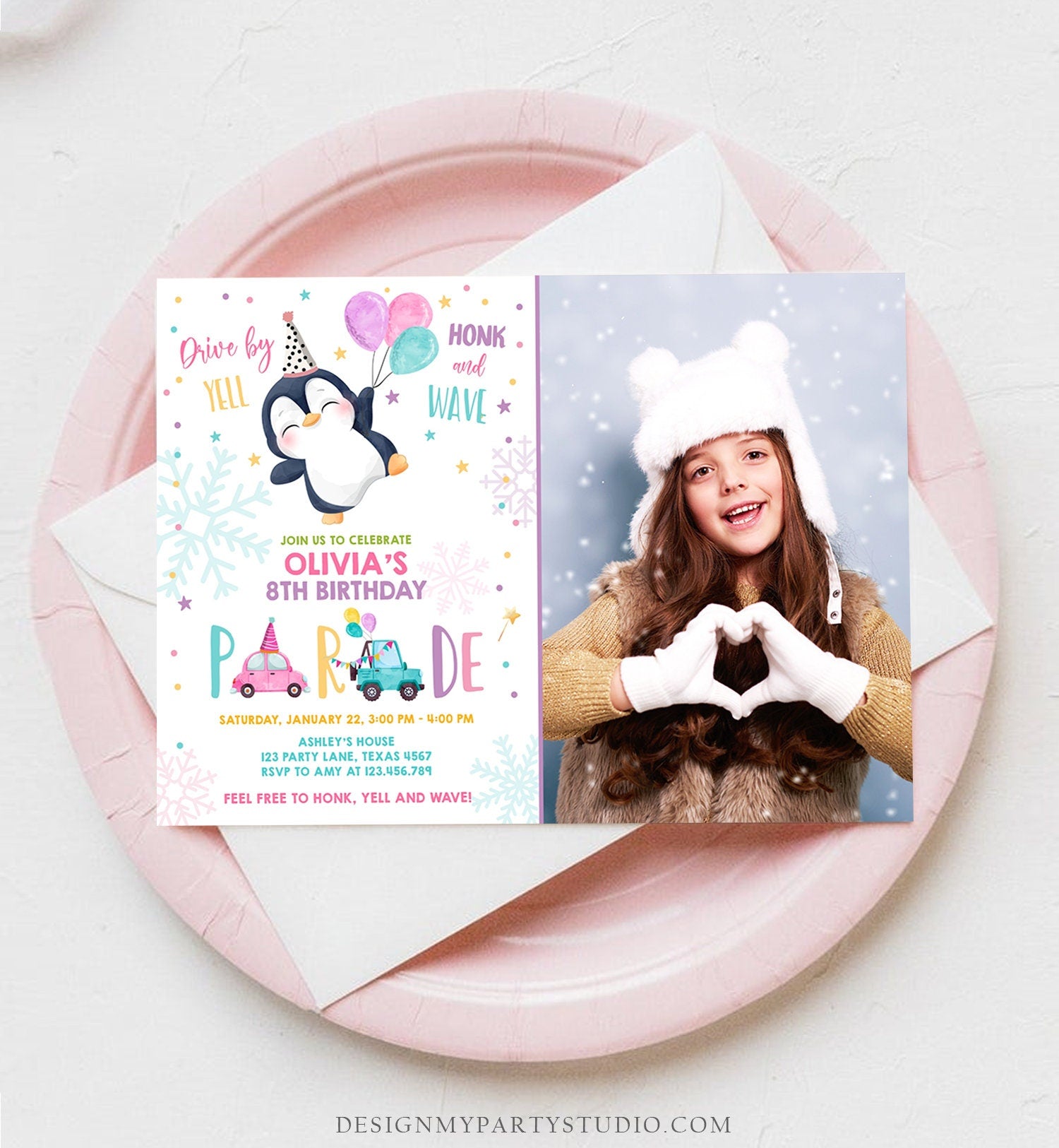 Editable Penguin Drive By Birthday Parade Invitation Winter Party Invite Honk Wave Car Girl Pink Drive Through South Pole Digital Corjl 0372