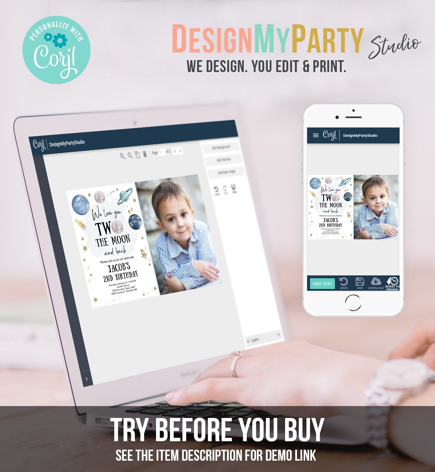 Editable Two the Moon Second Birthday Invitation Space Astronaut Love You to the Moon Galaxy 2nd Boy Printable Template Digital Corjl 0357