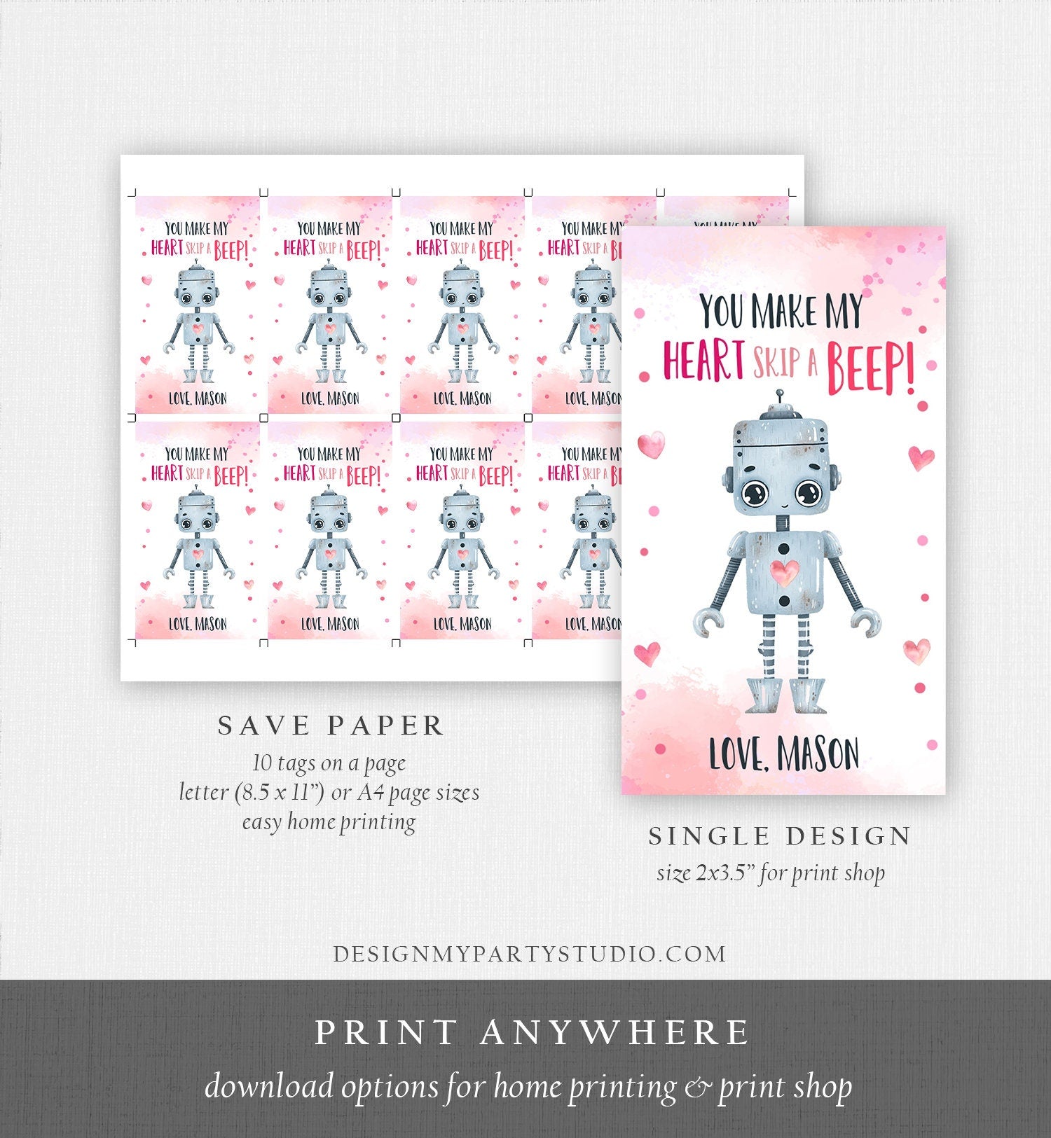 Editable Valentine's Day Favor Tag Thank You Robot Valentines Tag School You Make My Heart Skip a Beep Non-Candy Printable PRINTABLE 0370